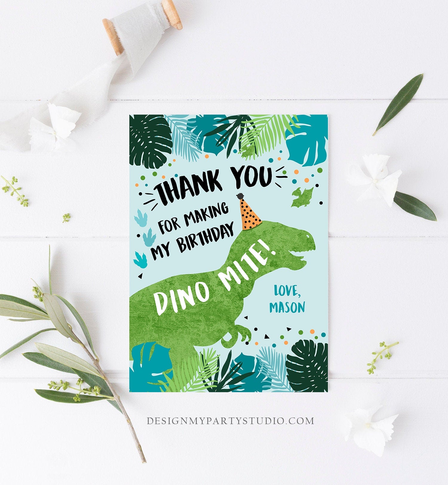 Editable Dinosaur Thank You Card Birthday Boy Black Green Gold Dino Party T-Rex Photo Download Printable Corjl Template Digital 0389