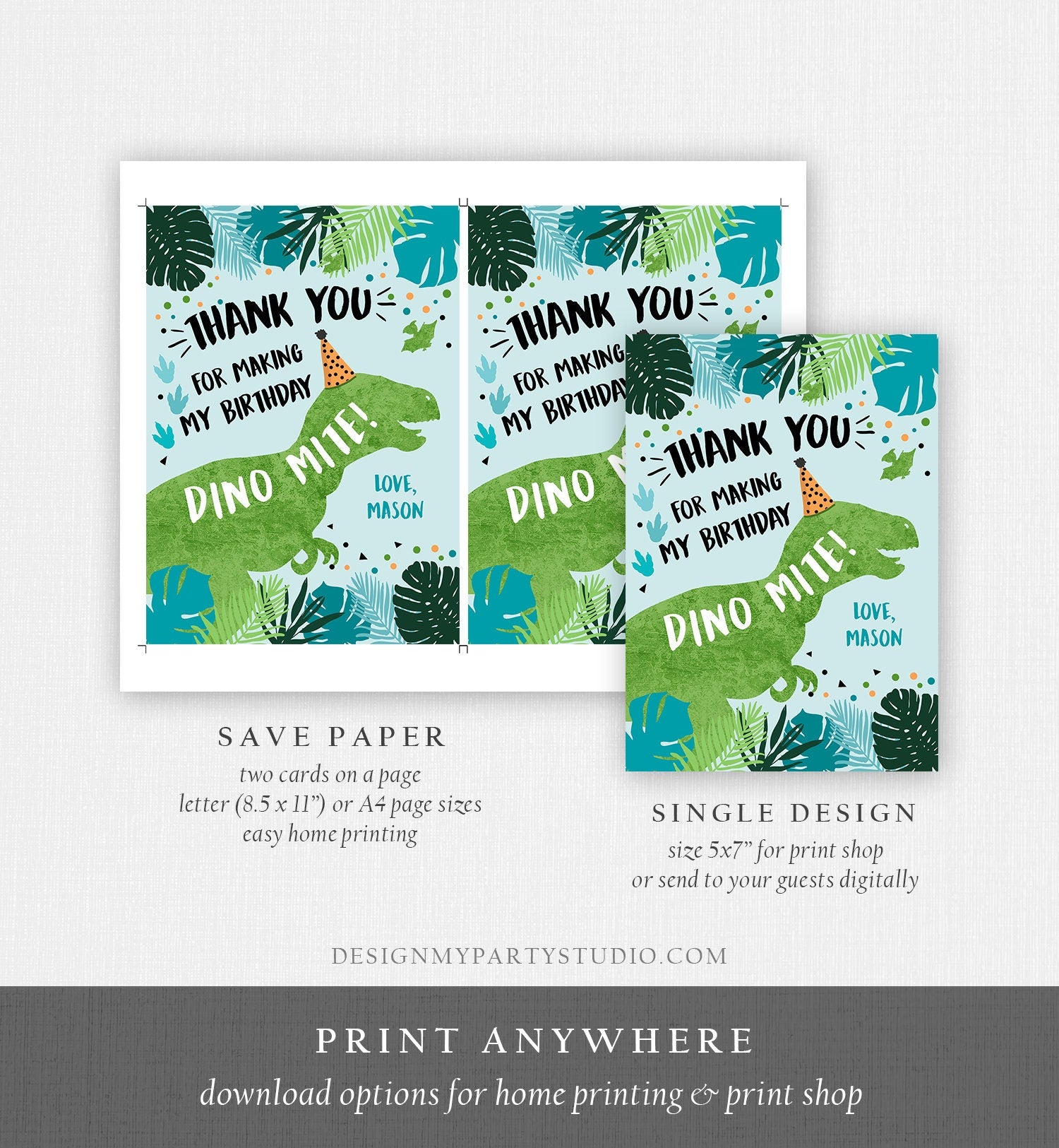 Editable Dinosaur Thank You Card Birthday Boy Black Green Gold Dino Party T-Rex Photo Download Printable Corjl Template Digital 0389