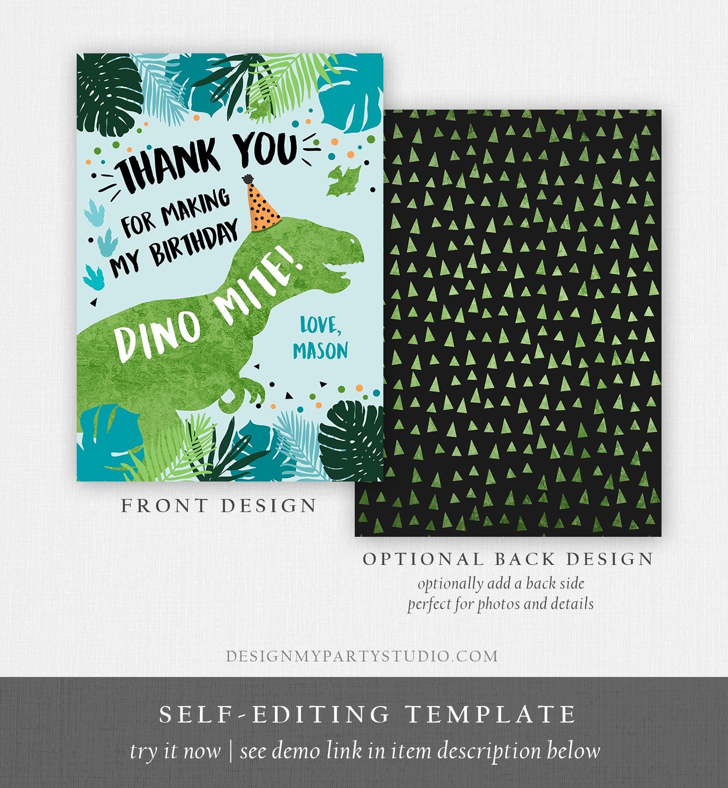 Editable Dinosaur Thank You Card Birthday Boy Black Green Gold Dino Party T-Rex Photo Download Printable Corjl Template Digital 0389