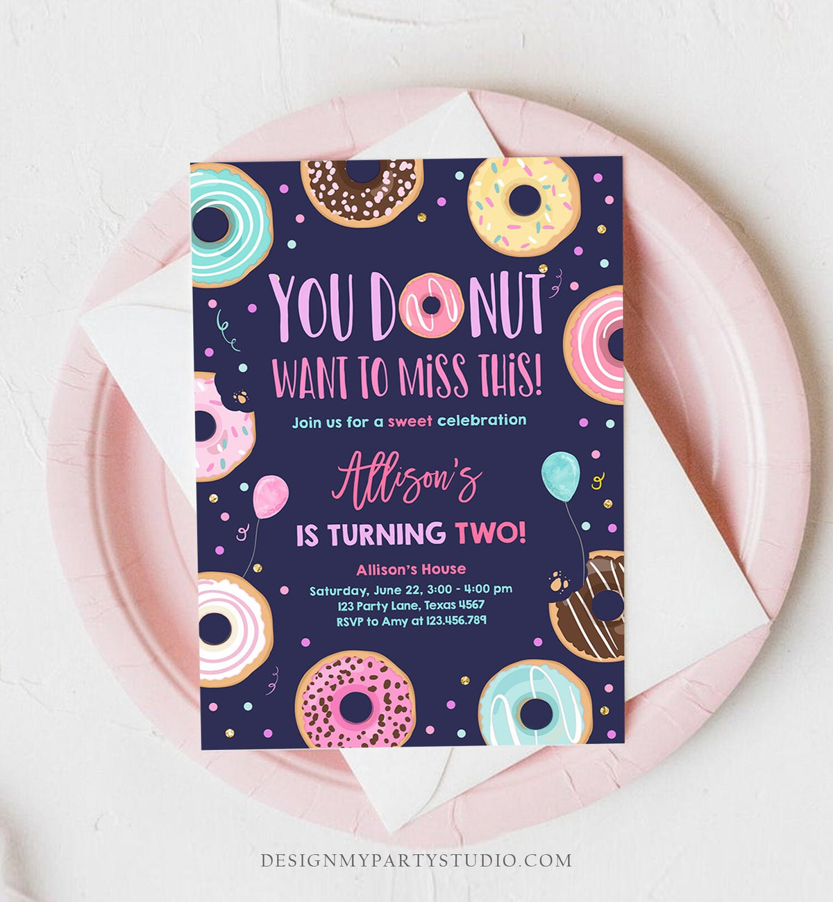 Editable Donut Want To Miss This Birthday Invitation Sweet Party Pink Gold Girl Doughnut Sweet One Download Corjl Template Printable 0343