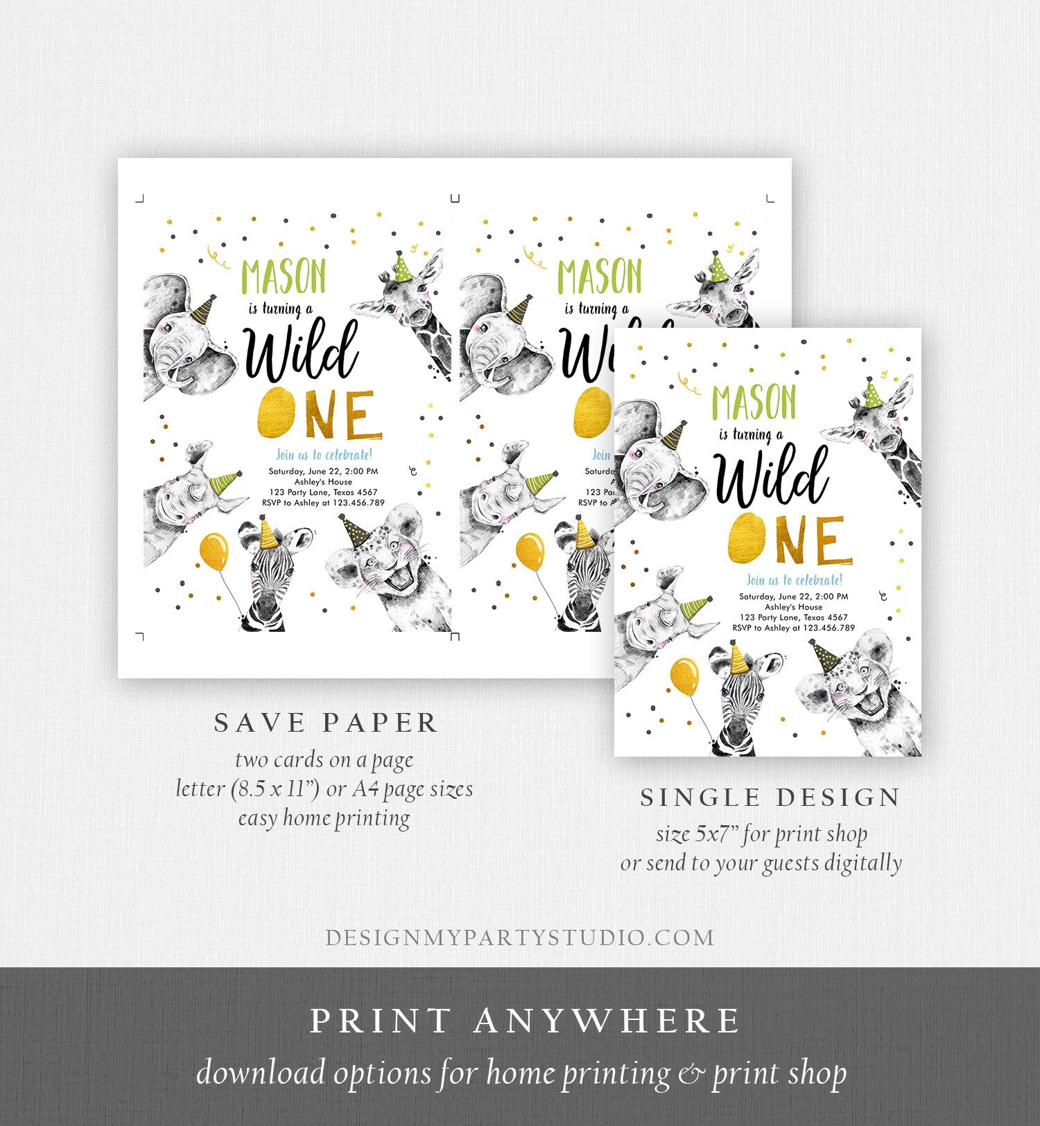 Editable Wild One Birthday Invitation Safari Animals Party Animals Boy Green Gold First Birthday 1st Confetti Corjl Template Printable 0390