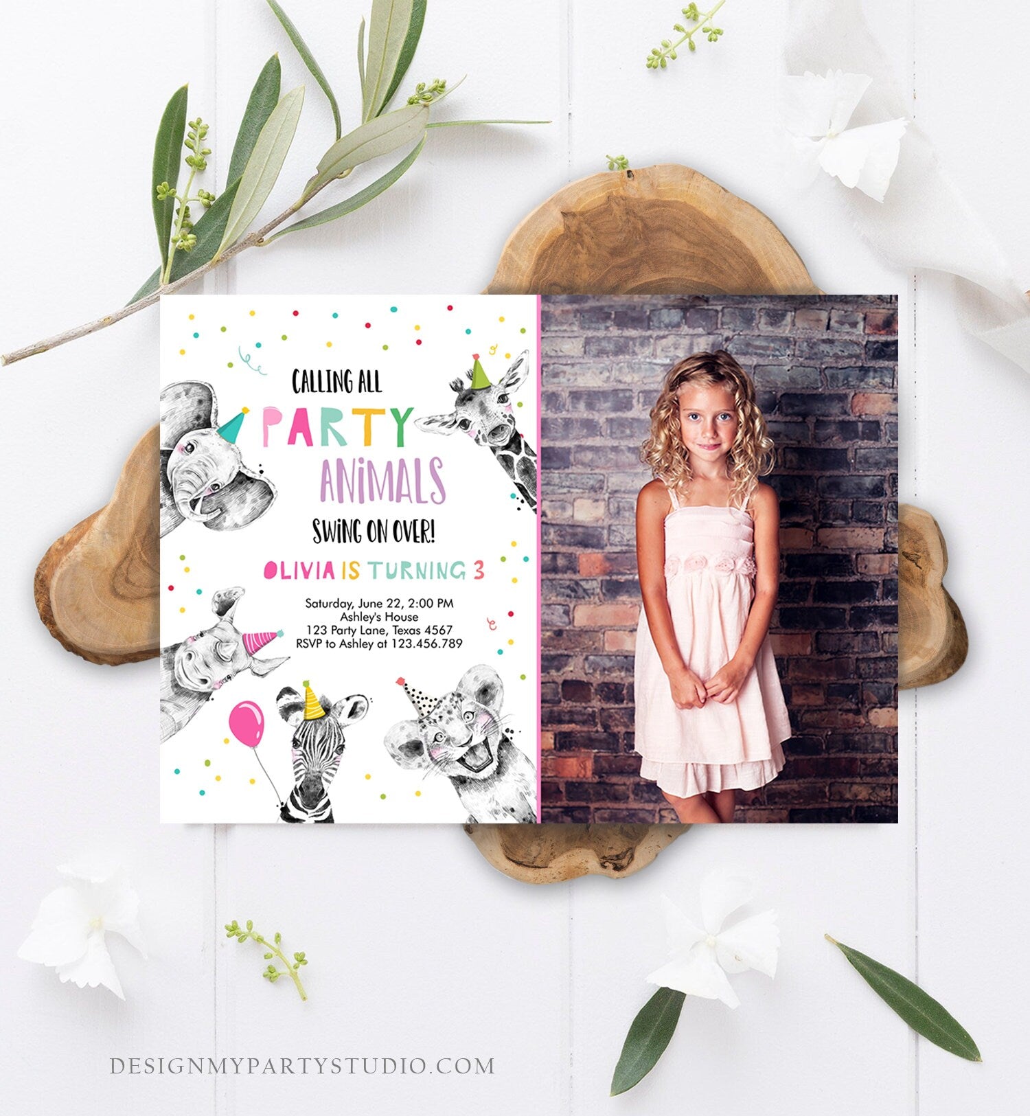 Editable Party Animals Birthday Invitation Wild One Animals Invitation Zoo Safari Animals Girl Download Printable Invite Template Corjl 0390