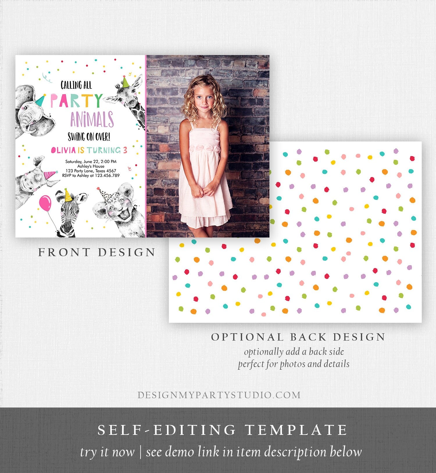 Editable Party Animals Birthday Invitation Wild One Animals Invitation Zoo Safari Animals Girl Download Printable Invite Template Corjl 0390