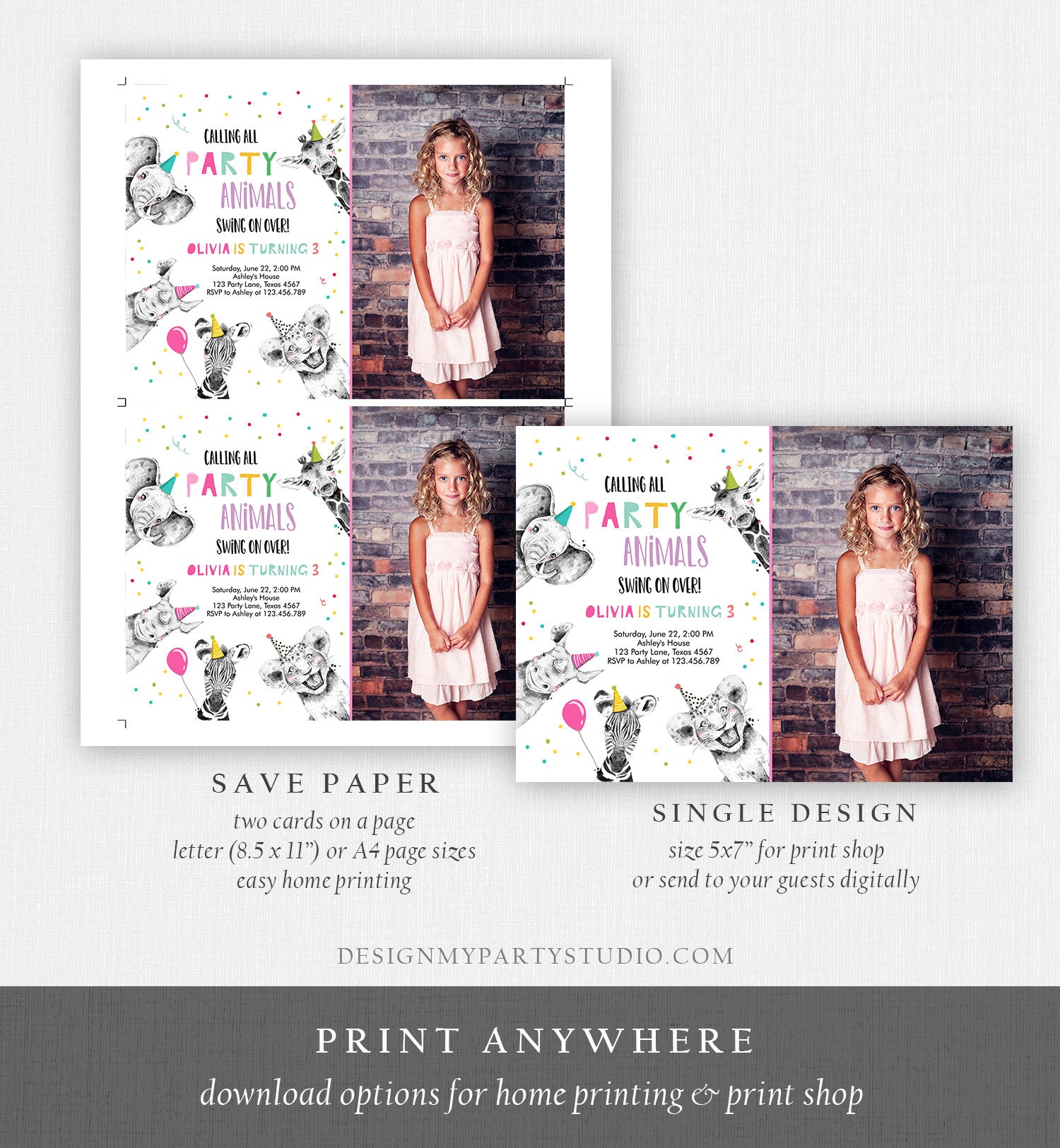 Editable Party Animals Birthday Invitation Wild One Animals Invitation Zoo Safari Animals Girl Download Printable Invite Template Corjl 0390