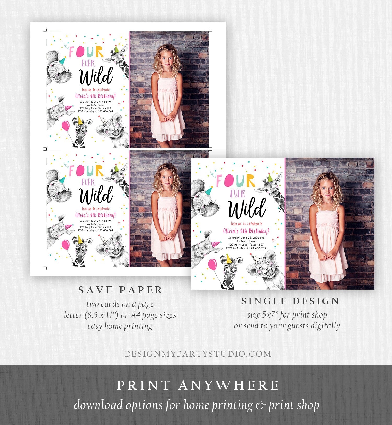 Editable Four Ever Wild Birthday Invitation Girl Pink Gold Safari Party Animals Fourth Birthday 4th Printable Template Digital Corjl 0390