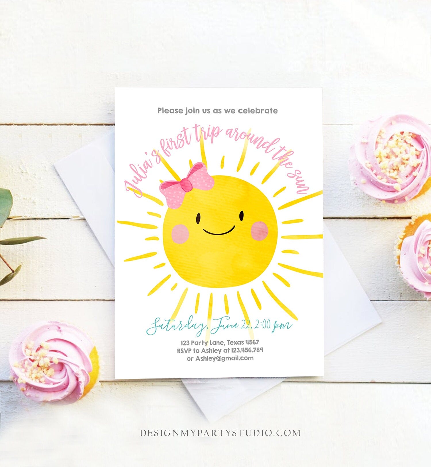 Editable First Tip Around the Sun Birthday Invitation Sunshine First Birthday 1st Party Pink Girl Bow Summer Download Corjl Template 0141