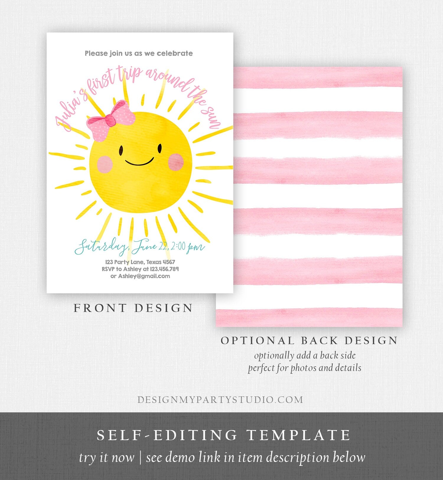 Editable First Tip Around the Sun Birthday Invitation Sunshine First Birthday 1st Party Pink Girl Bow Summer Download Corjl Template 0141