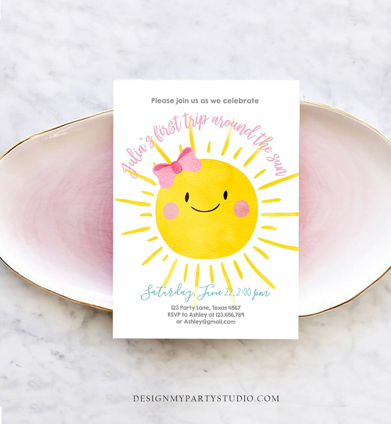 Editable First Tip Around the Sun Birthday Invitation Sunshine First Birthday 1st Party Pink Girl Bow Summer Download Corjl Template 0141