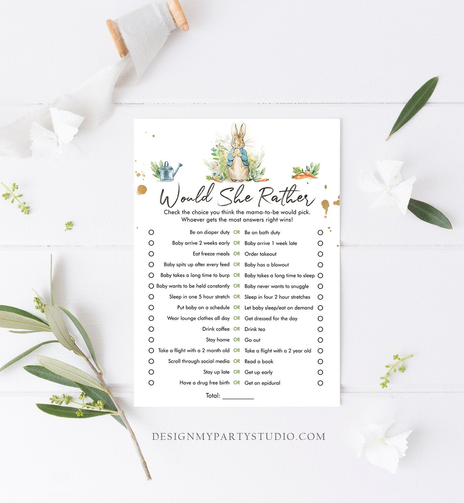 Editable Would She Rather Baby Shower Game Greenery Peter Rabbit Baby Shower Bunny Rustic Watercolor Guess Corjl Template Printable 0351