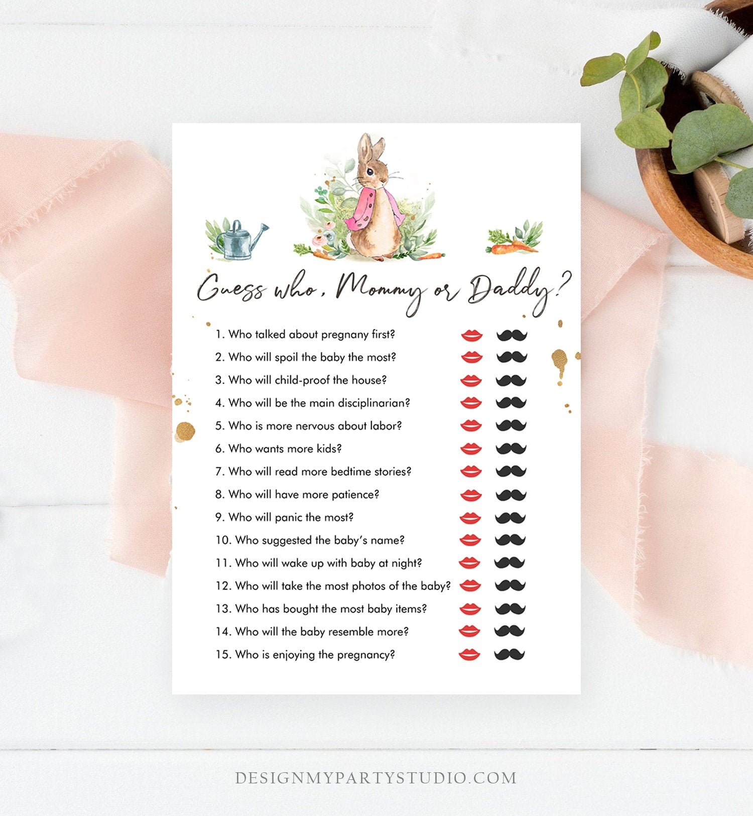 Editable Mommy or Daddy Baby Shower Game Guess Who Mom Dad Greenery Flopsy Bunny Baby Shower Bunny Girl Rustic Corjl Template Printable 0351