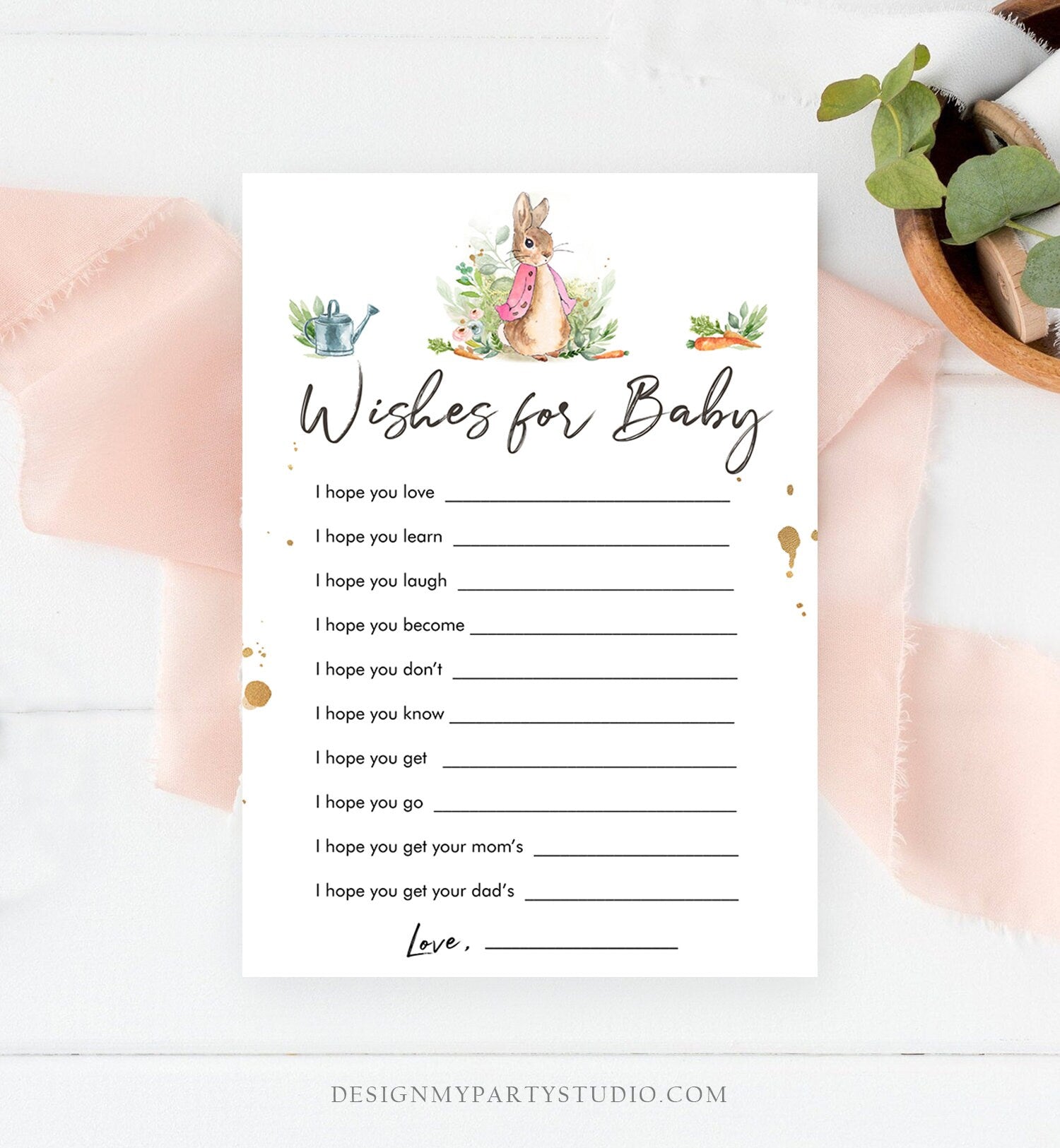 Editable Whishes for the Baby Game Baby Shower Greenery Flopsy Bunny Baby Shower Bunny Spring Girl Rustic Corjl Template Printable 0351