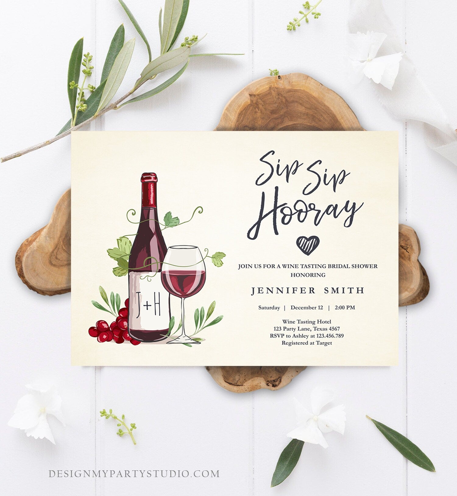 Editable Wine Bridal Shower Invitation Sip Sip Hooray Winery Cheers To Love Wine Tasting Couples Download Corjl Template Printable 0234