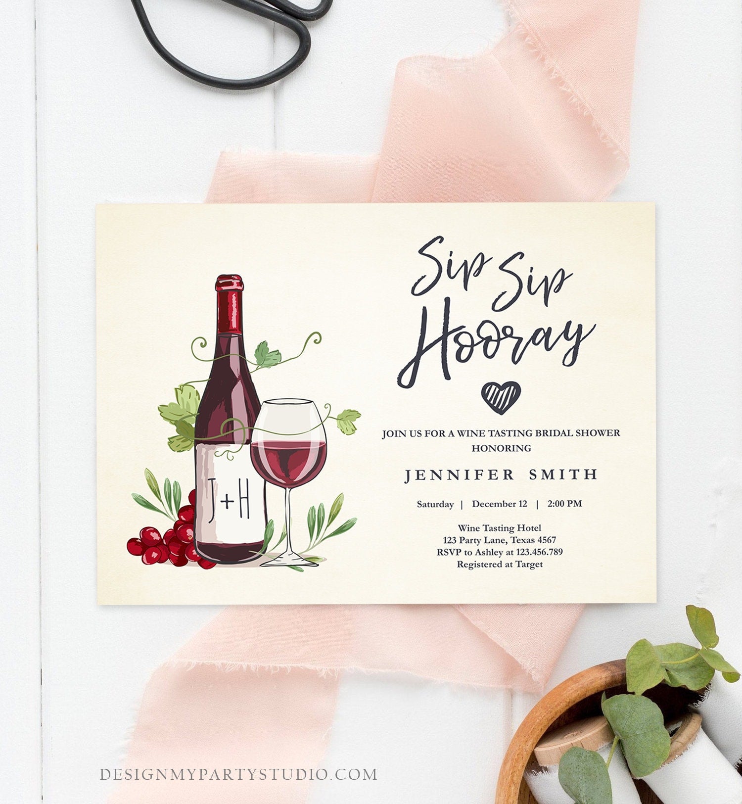 Editable Wine Bridal Shower Invitation Sip Sip Hooray Winery Cheers To Love Wine Tasting Couples Download Corjl Template Printable 0234