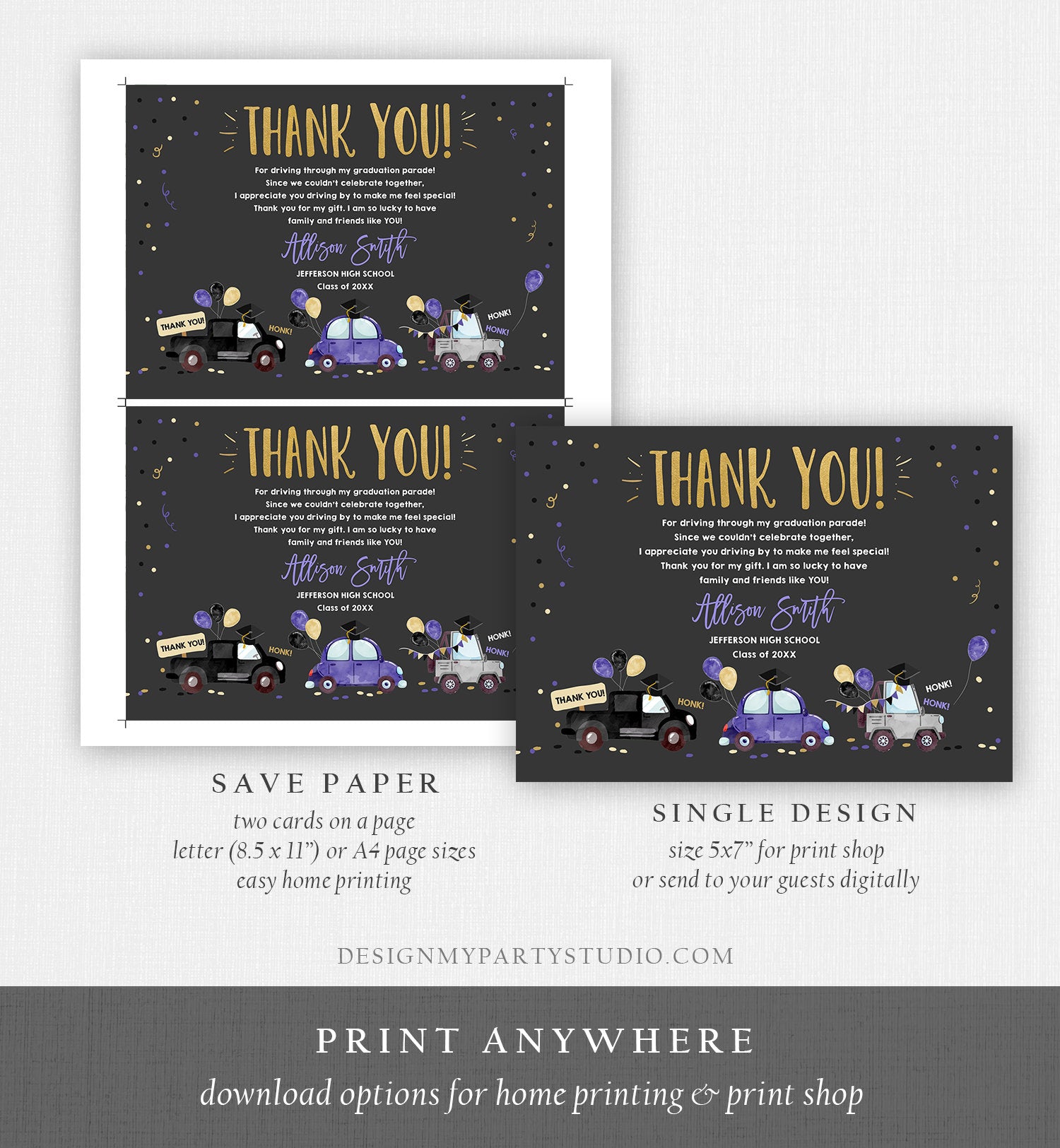 Editable Drive By Graduation Parade Thank You Card Drive Through Party Invite Honk Wave Car Purple Instant Download Digital Corjl 0337