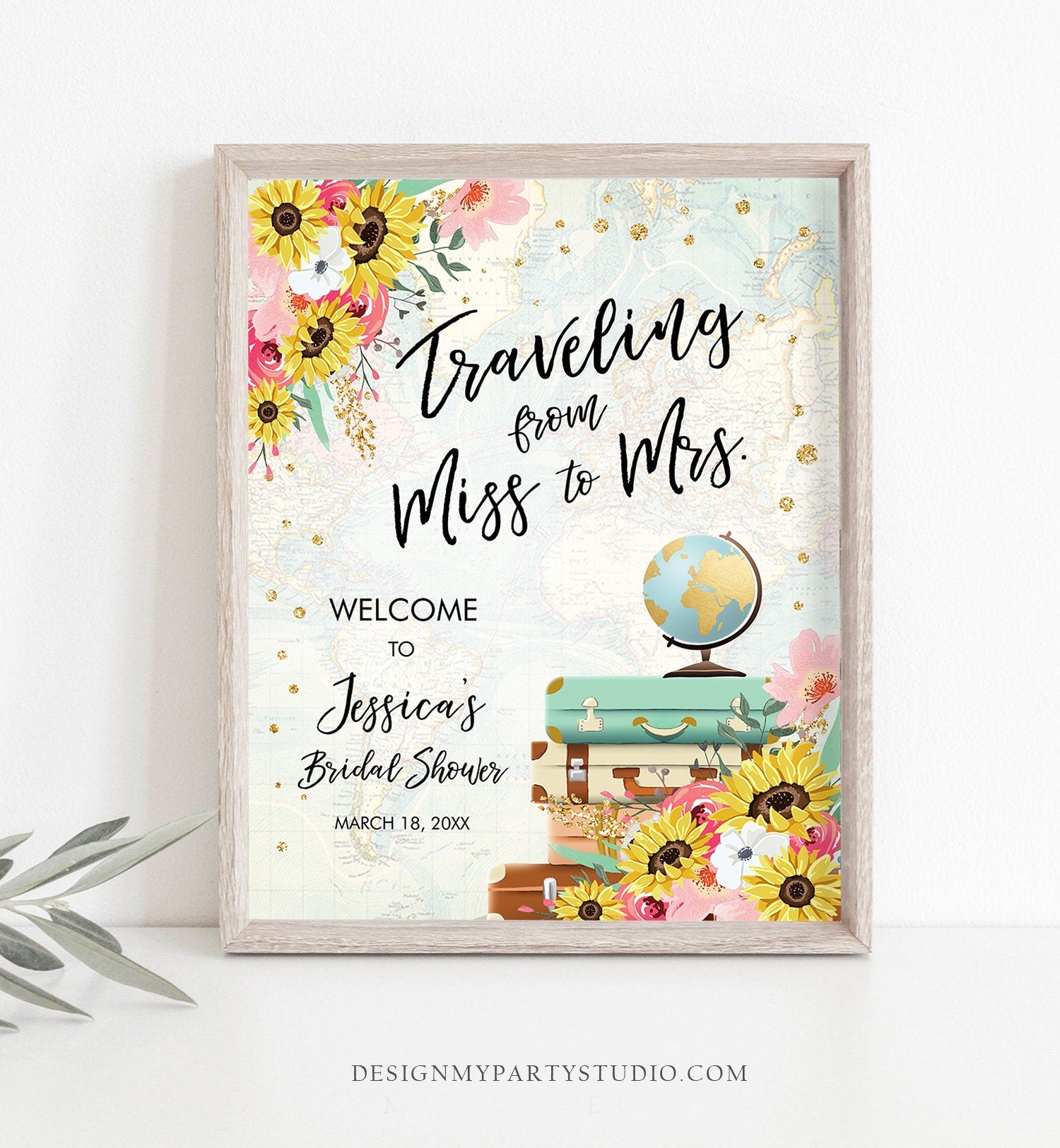 Editable Miss to Mrs Welcome Sign Sunflowers Bridal Shower Traveling From Adventure Love is a Journey Floral Blush Pink Corjl Template 0030