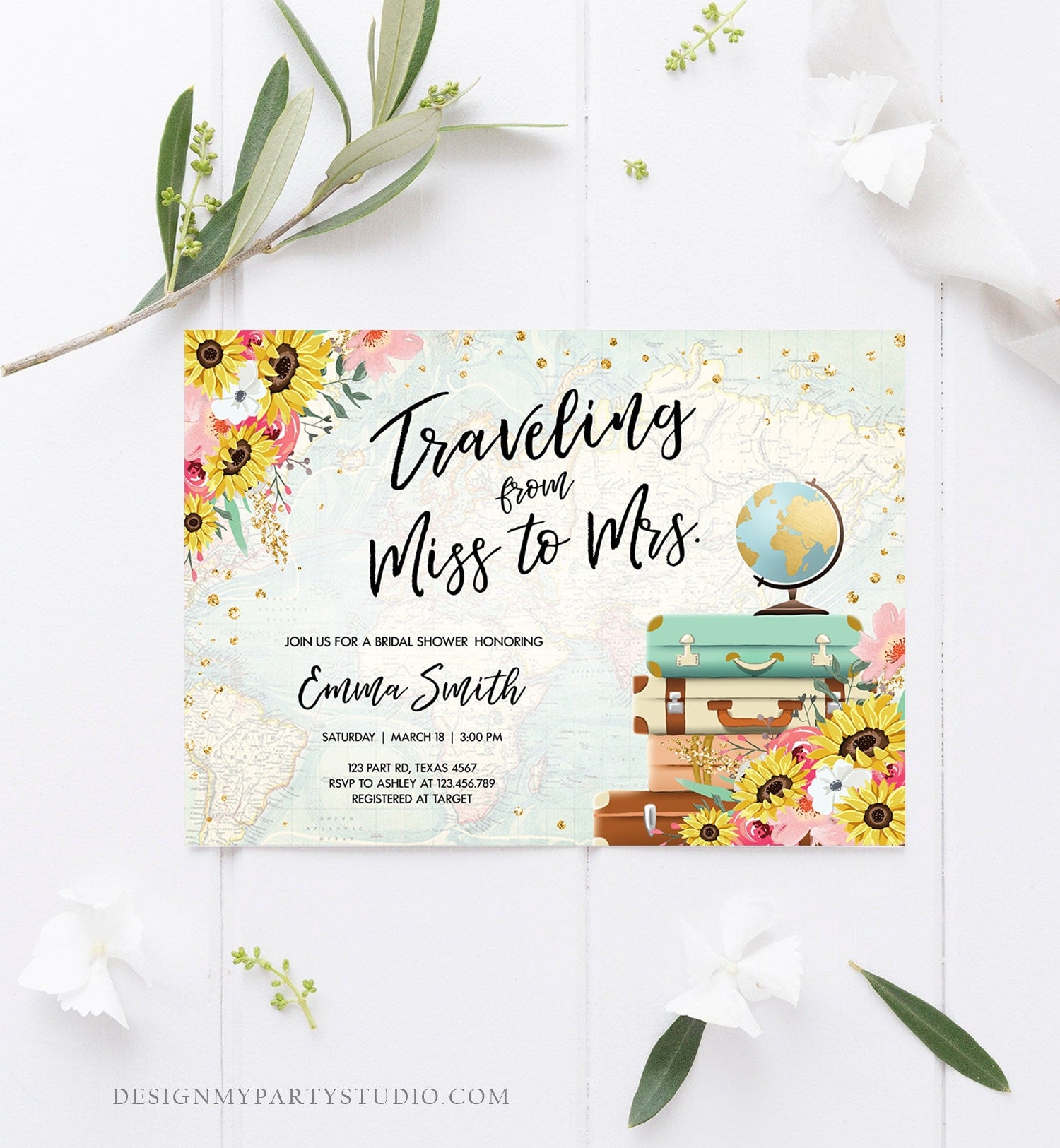 Editable Miss to Mrs Travel Bridal Shower Invitation Sunflowers Globe Suitcase Gold Confetti Traveling Blush Pink Floral Corjl Template 0030