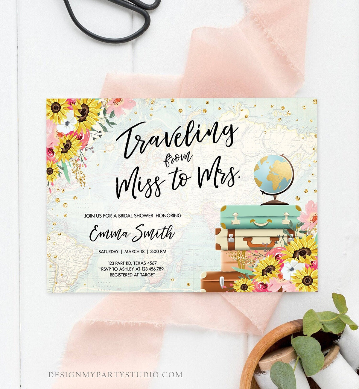 Editable Miss to Mrs Travel Bridal Shower Invitation Sunflowers Globe Suitcase Gold Confetti Traveling Blush Pink Floral Corjl Template 0030