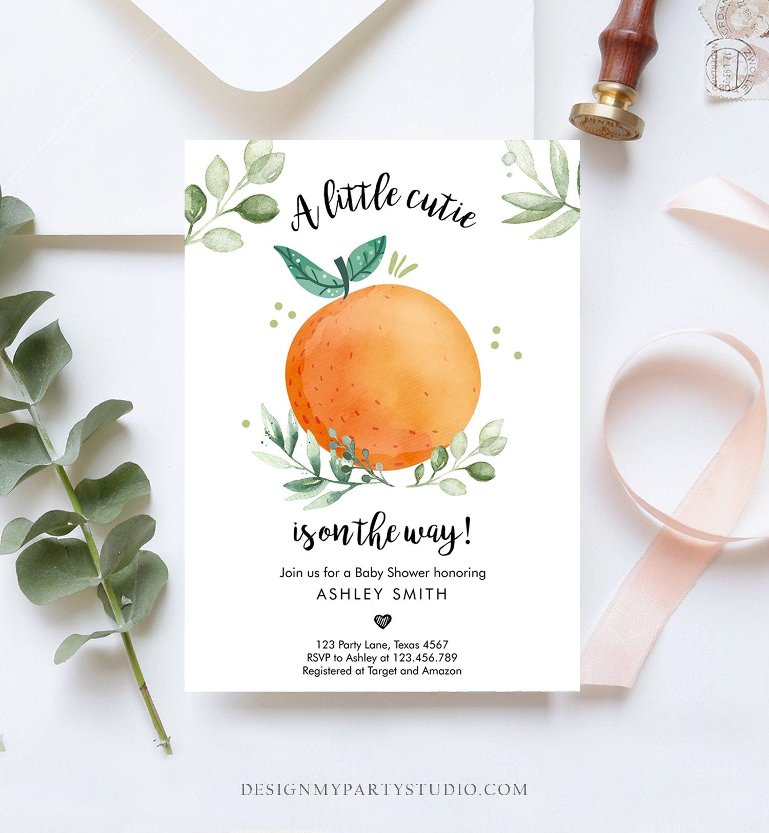 Editable Little Cutie Baby Shower Invitation Little Cutie On The Way Gender Neutral Clementine Coed Download Printable Corjl Template 0330