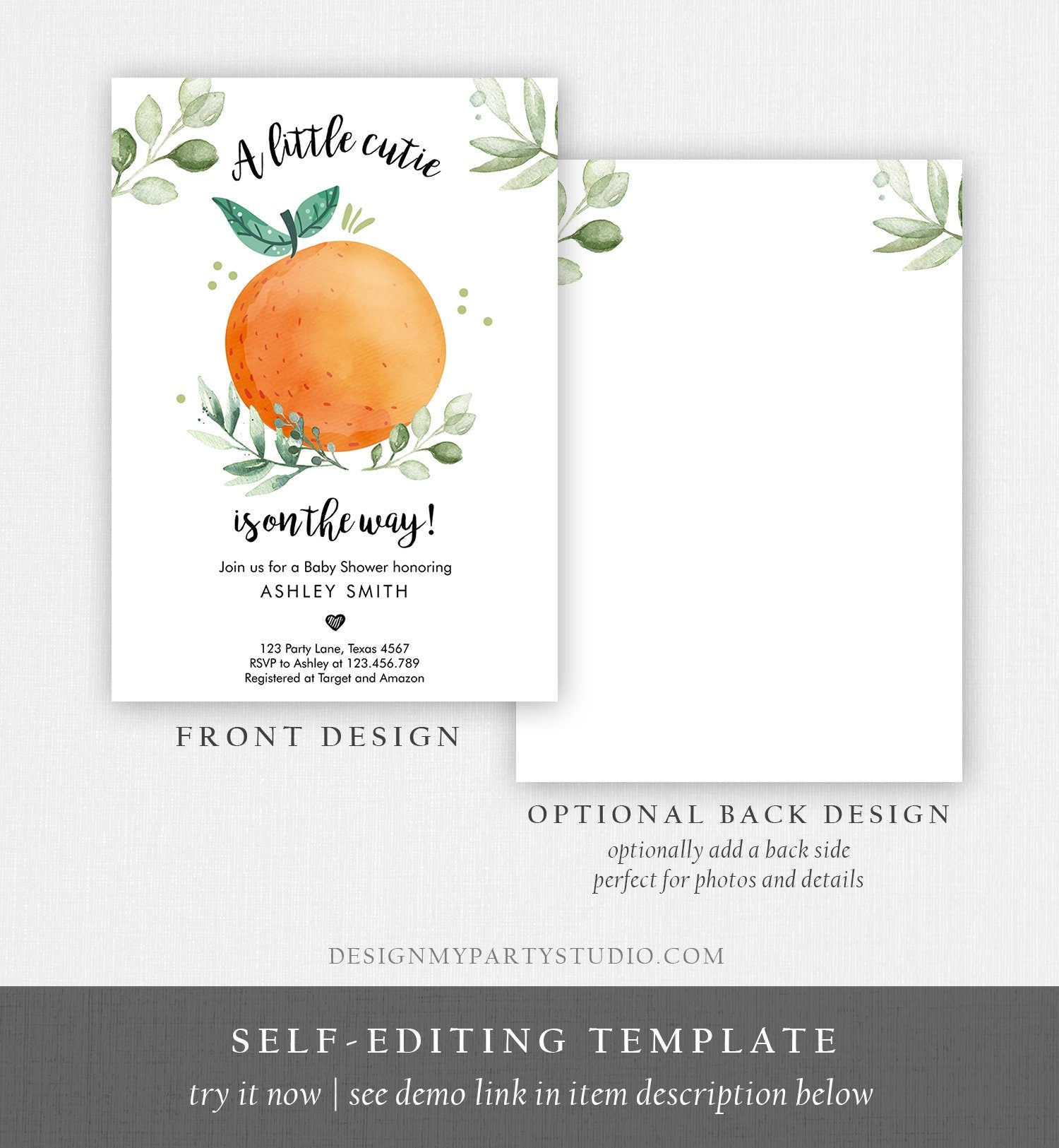 Editable Little Cutie Baby Shower Invitation Little Cutie On The Way Gender Neutral Clementine Coed Download Printable Corjl Template 0330