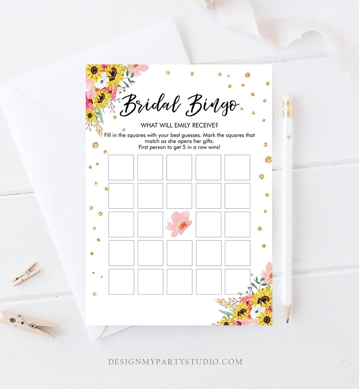 Editable Bingo Bridal Shower Game Wedding Shower Activity Floral Pink Gold Sunflowers Travel Flowers Corjl Template Printable 0030