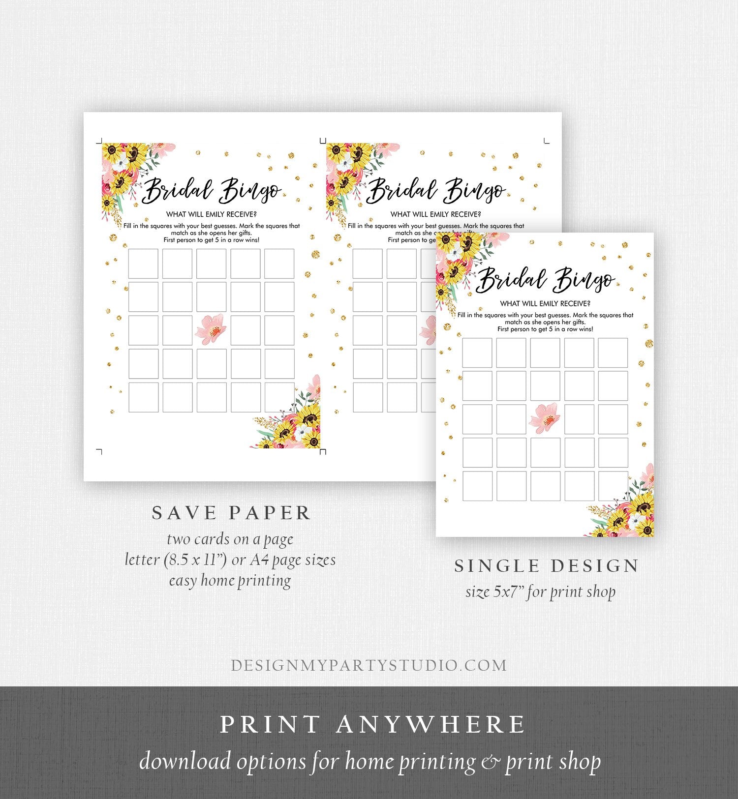 Editable Bingo Bridal Shower Game Wedding Shower Activity Floral Pink Gold Sunflowers Travel Flowers Corjl Template Printable 0030