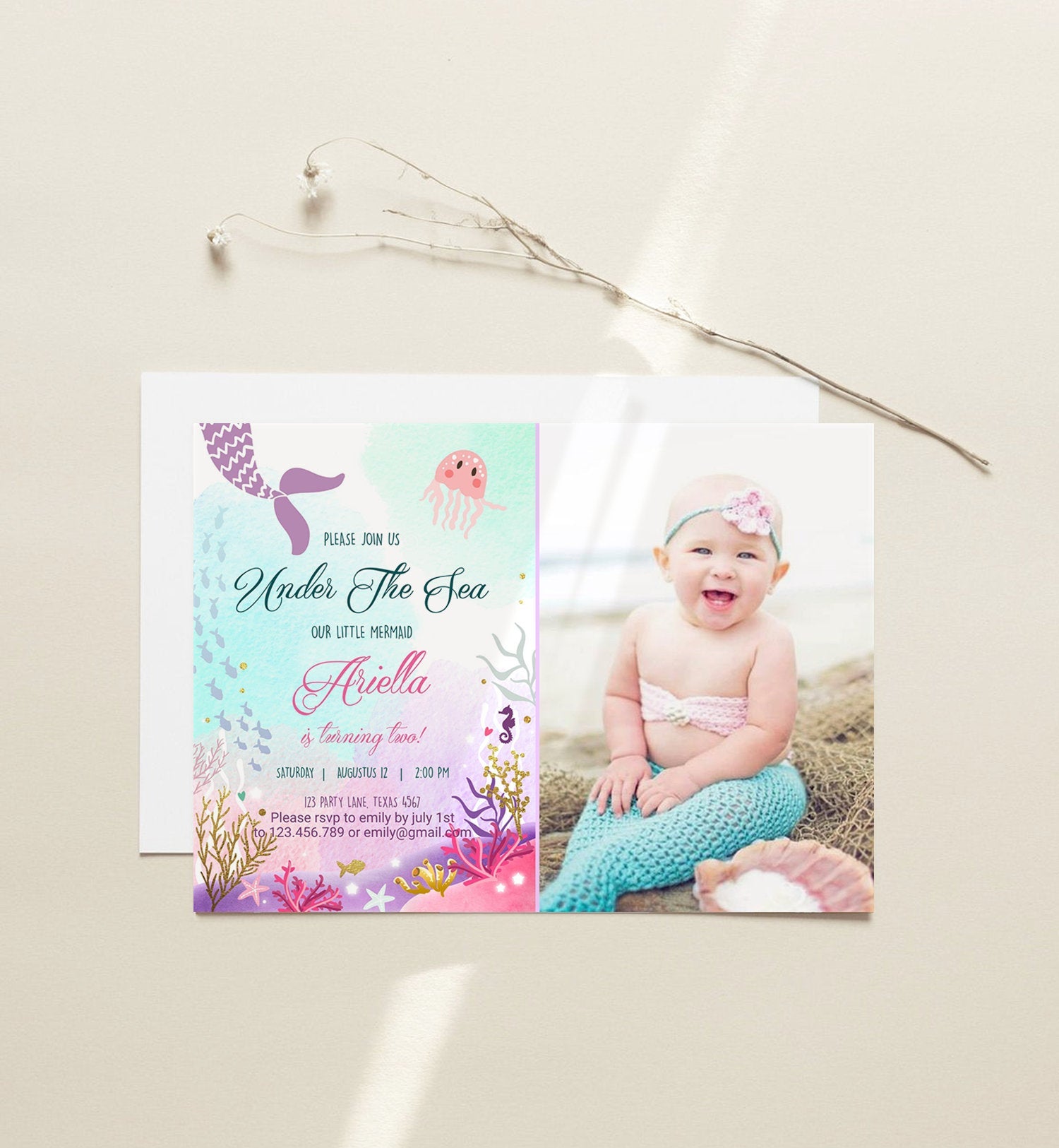 Editable Mermaid Birthday Invitation Under The Sea Birthday Girl Pink Purple Gold Mermaid Tail Download Printable Template Corjl 0076