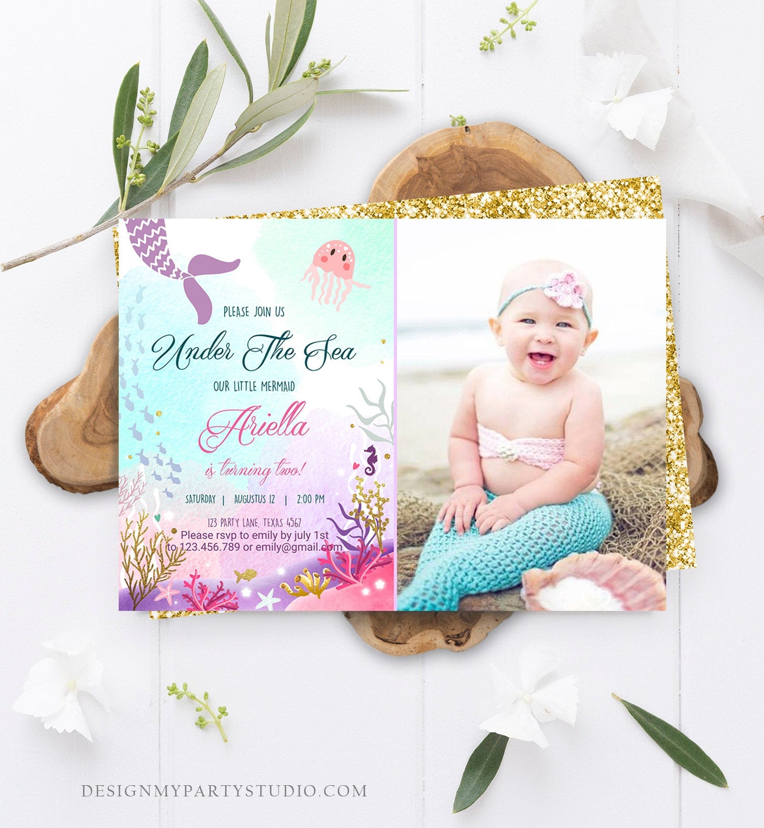 Editable Mermaid Birthday Invitation Under The Sea Birthday Girl Pink Purple Gold Mermaid Tail Download Printable Template Corjl 0076