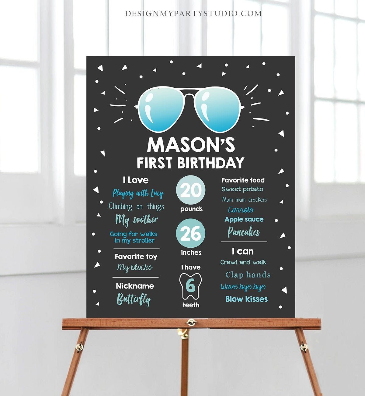 Editable Sunglasses Two Cool Birthday Milestones Sign Chalkboard Boy 1st First Birthday Second Palm Pilot Corjl Template Printable 0136