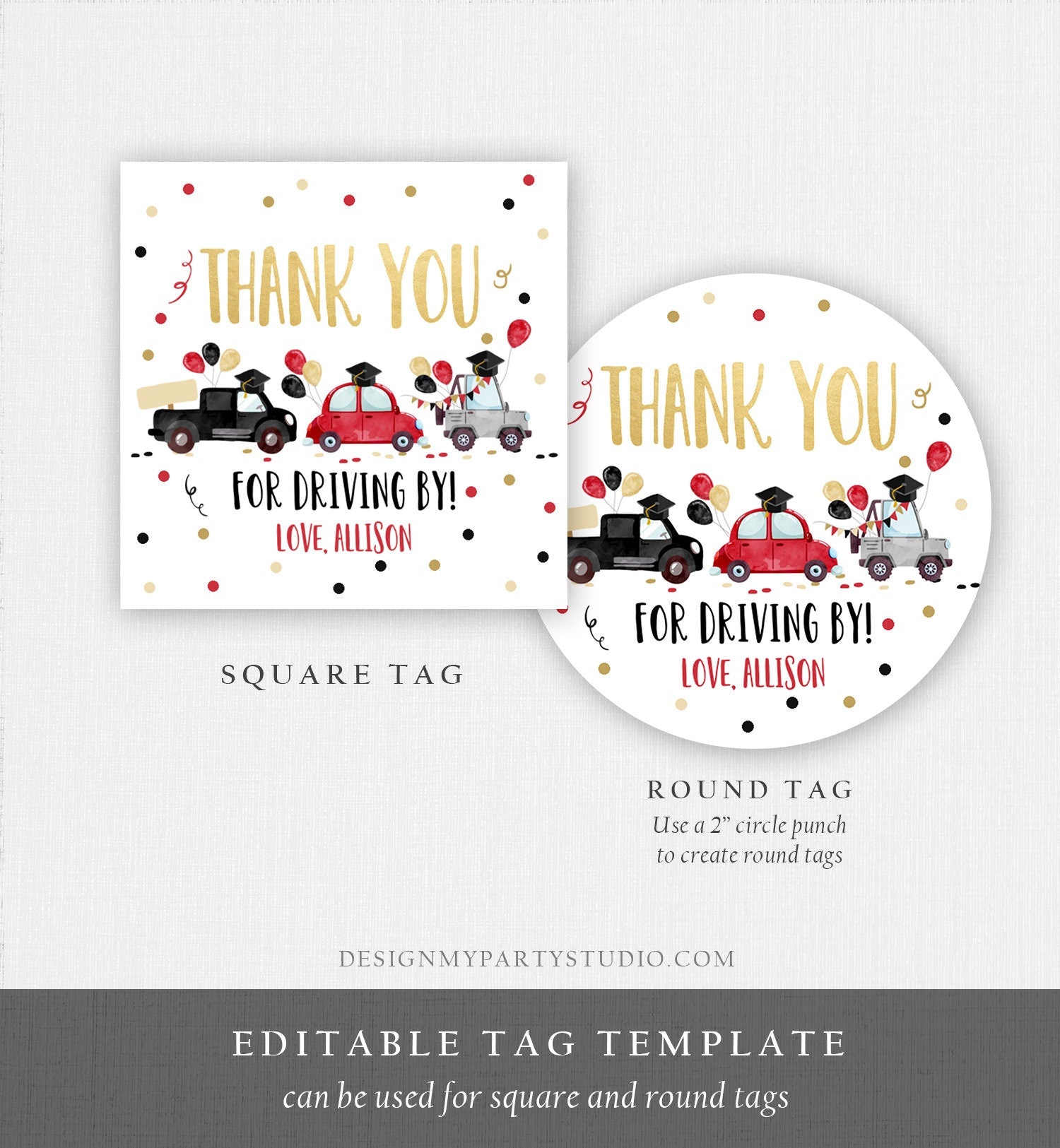 Editable Drive By Favor Tag Drive Through Graduation Parade Thank You Gift Tags Quarantine Blush Red High School Grad Graduate Corjl 0337