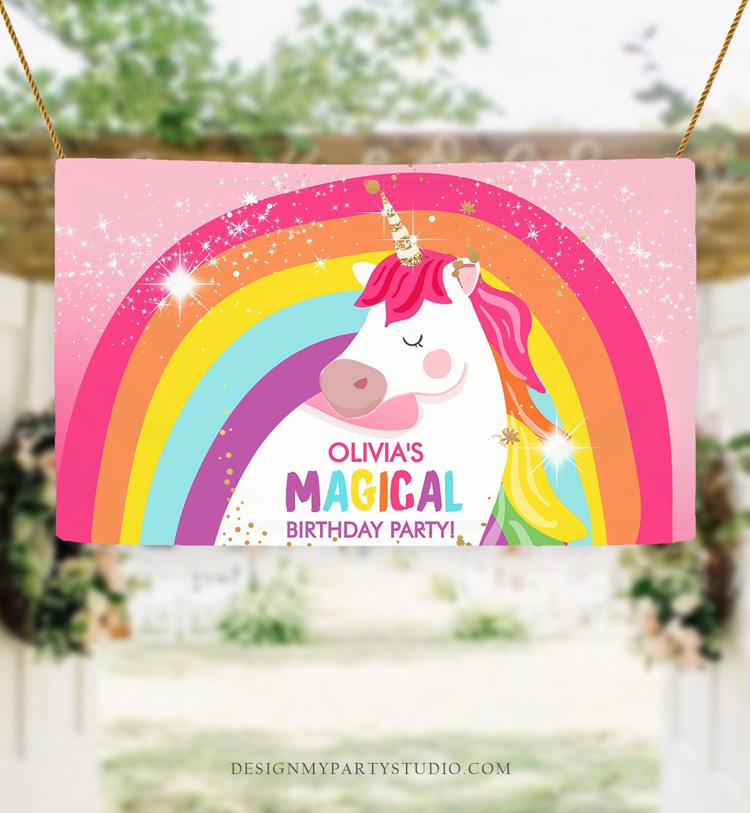 Editable Unicorn Backdrop Banner Pink Unicorn Birthday Girl Magical Unicorn Party Decorations Rainbow Download Corjl Template Printable 0323