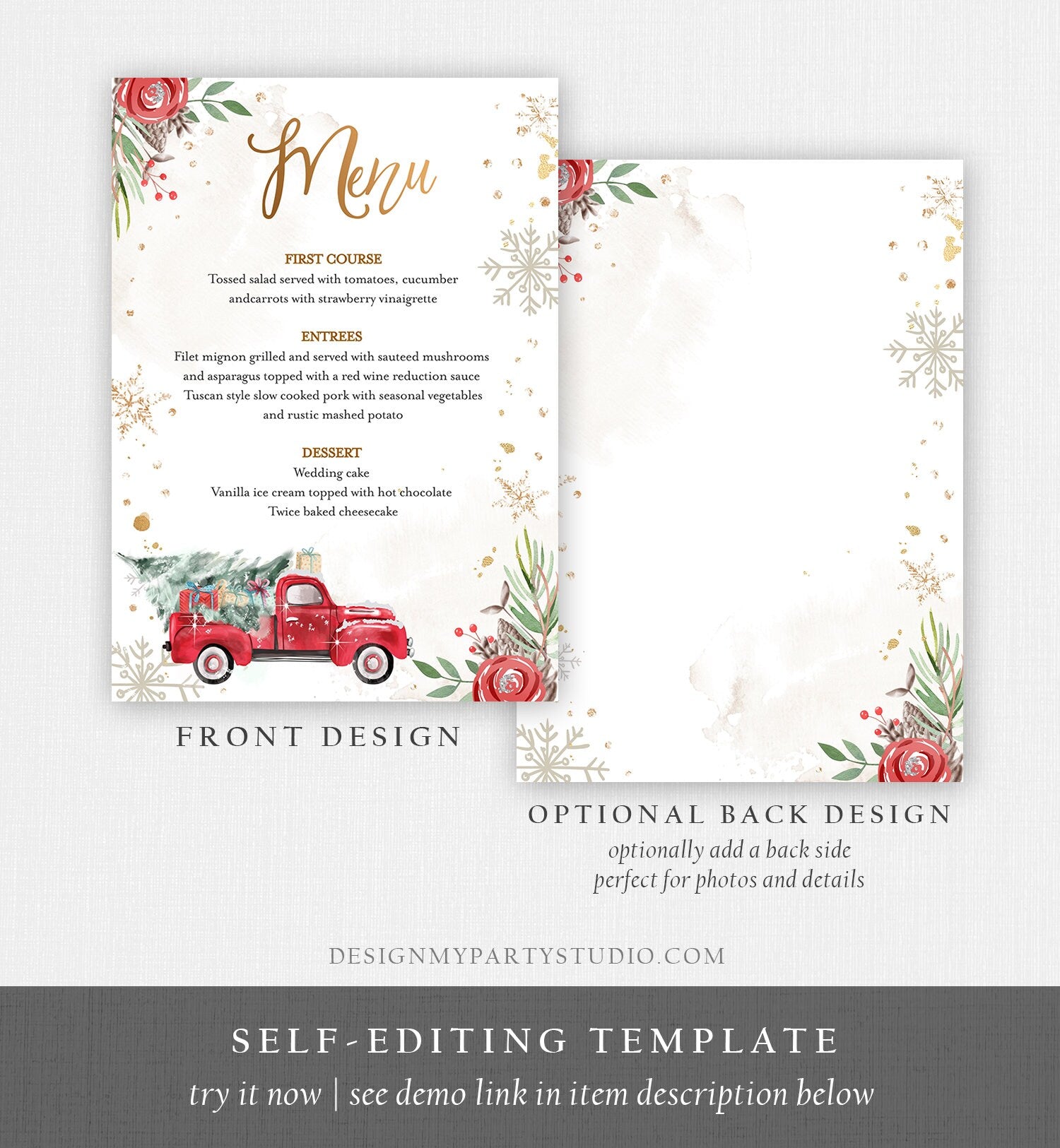 Editable Winter Red Truck Menu Card Shower Birthday Party Menu Gold Snowflakes Christmas Tree Oh What Fun Corjl Template Printable 0356