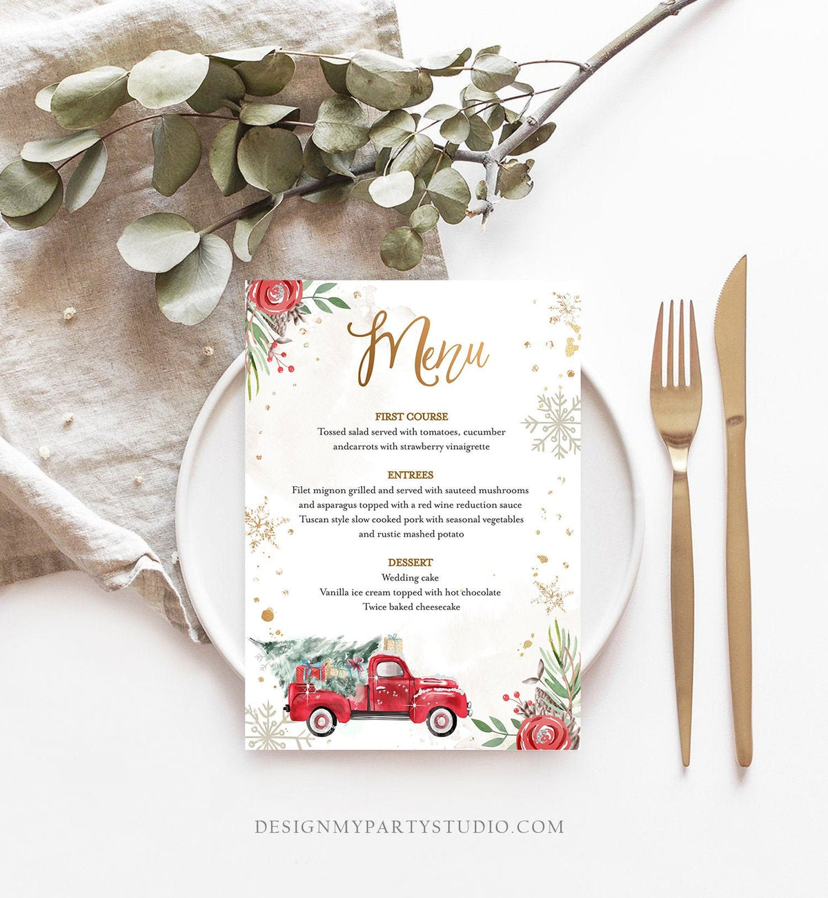 Editable Winter Red Truck Menu Card Shower Birthday Party Menu Gold Snowflakes Christmas Tree Oh What Fun Corjl Template Printable 0356