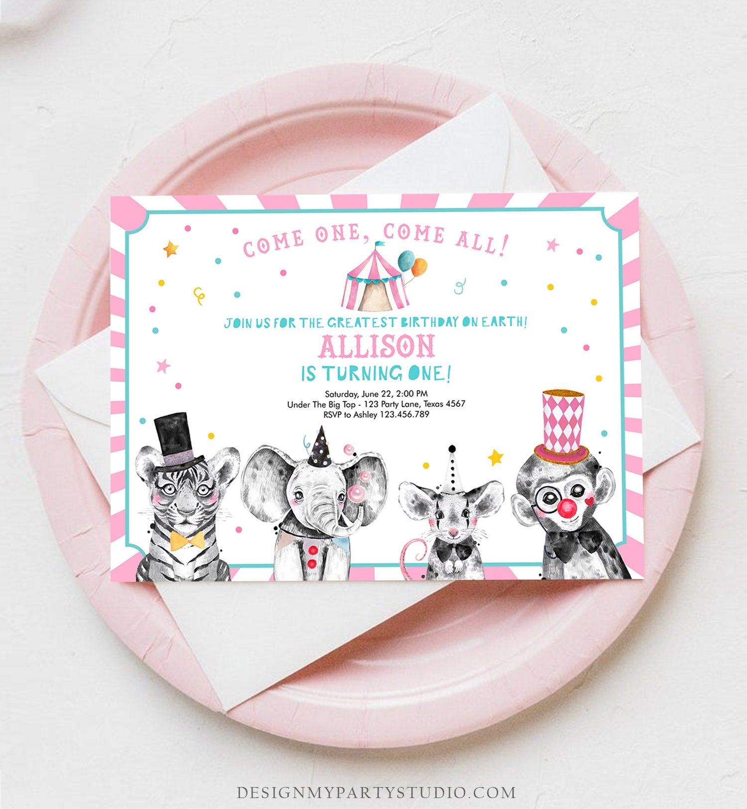 Editable Circus Birthday Invitation Girl Pink Circus Animals Invitation Carnival Invite Download Printable Template Digital Corjl 0355