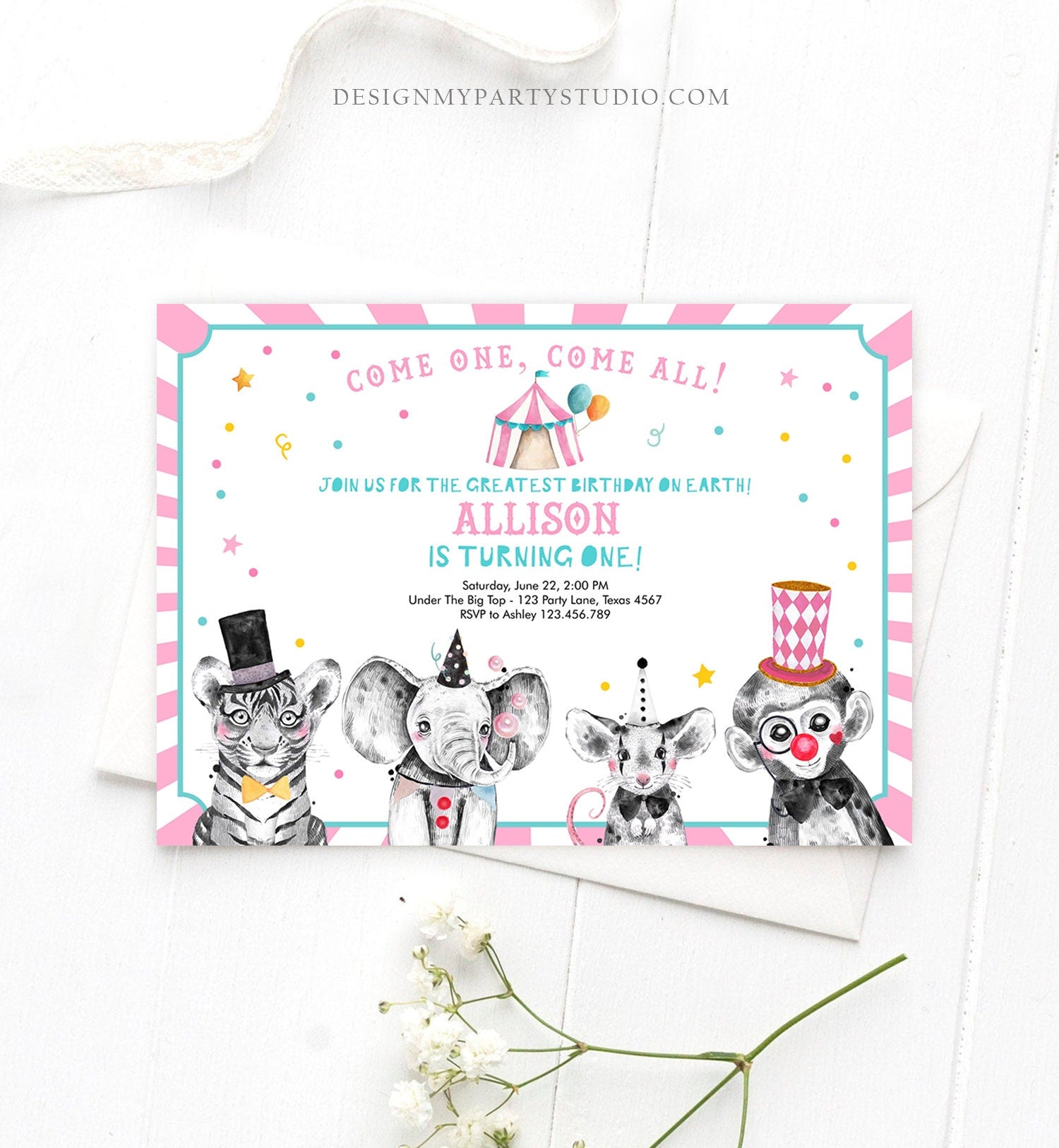 Editable Circus Birthday Invitation Girl Pink Circus Animals Invitation Carnival Invite Download Printable Template Digital Corjl 0355