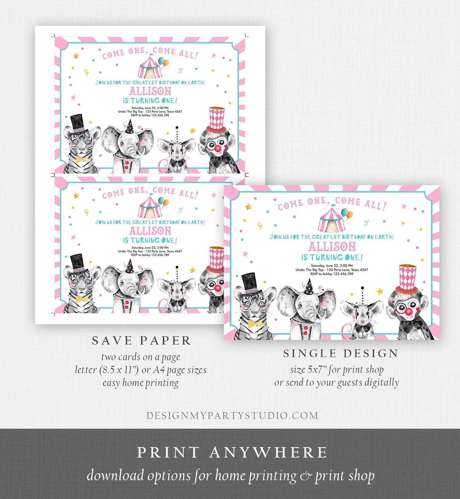 Editable Circus Birthday Invitation Girl Pink Circus Animals Invitation Carnival Invite Download Printable Template Digital Corjl 0355