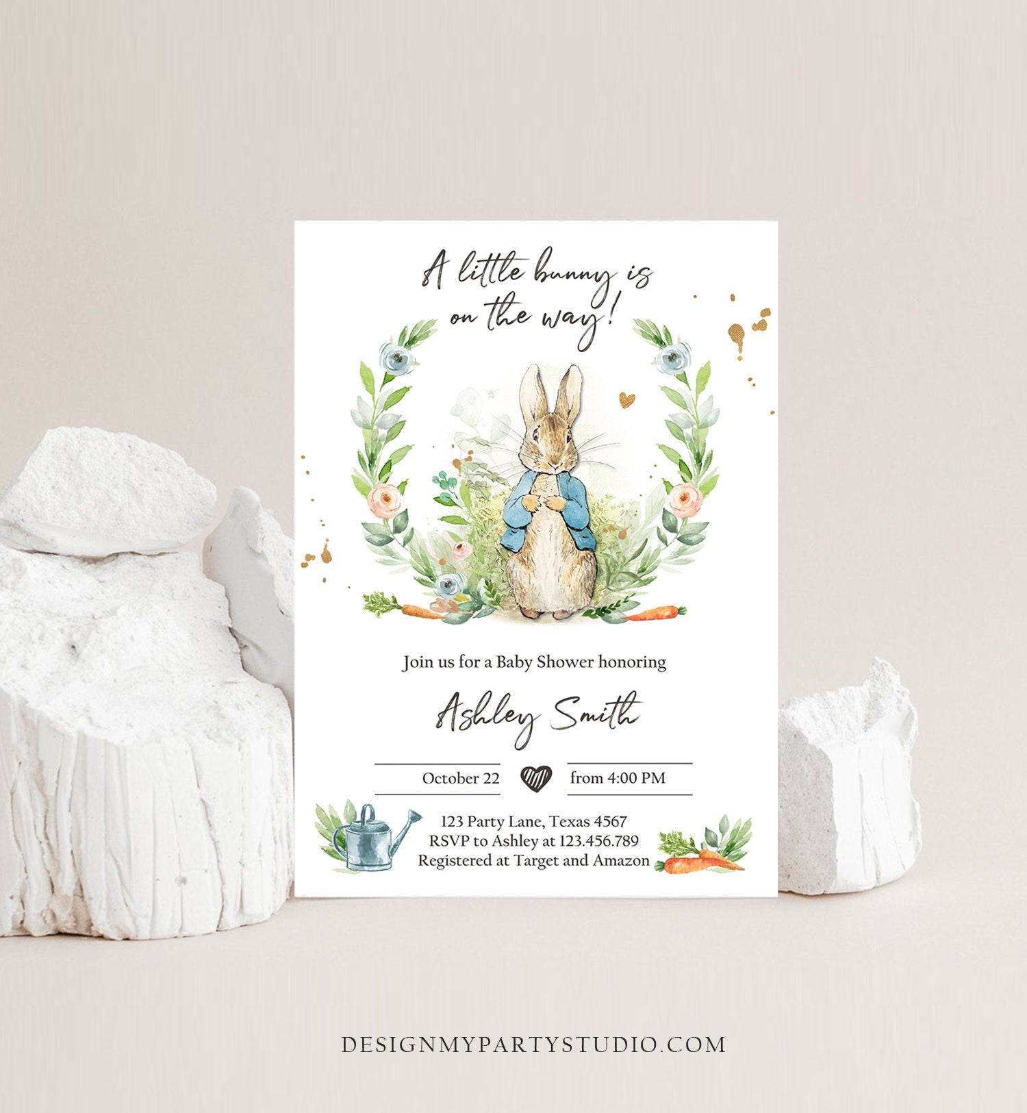 Editable Peter Rabbit Baby Shower Invitation Boy Blue Rustic Peter Rabbit Invitation Spring Sprinkle Digital Corjl Template Printable 0351