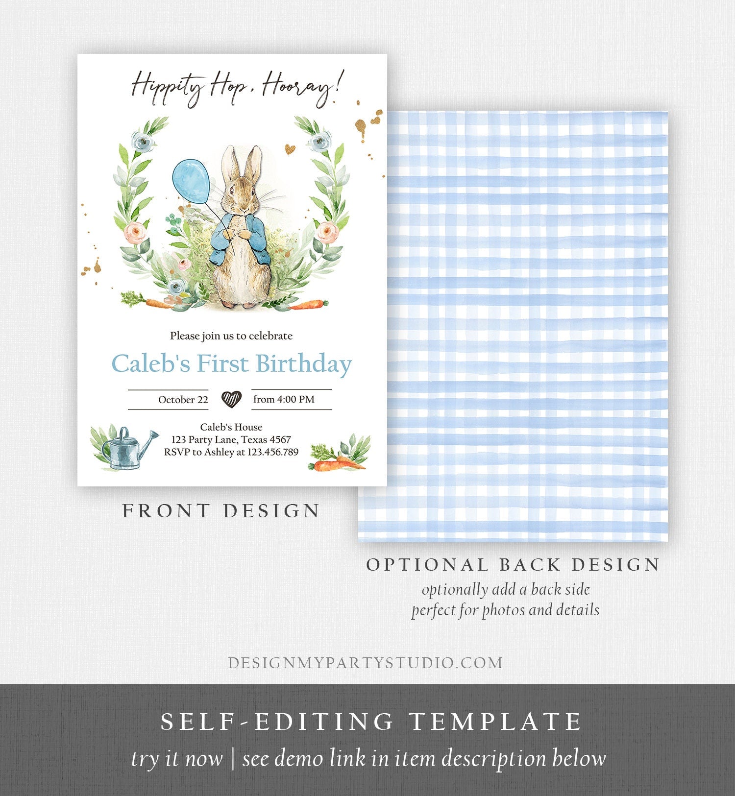 Editable Peter Rabbit Birthday Invitation Boy Blue Rustic Peter Rabbit 1st Birthday Invite Watercolor Digital Corjl Template Printable 0351