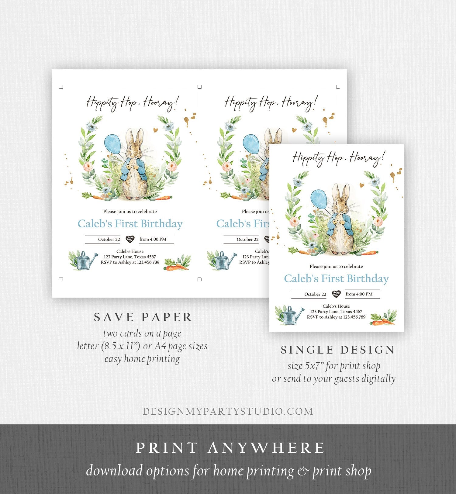 Editable Peter Rabbit Birthday Invitation Boy Blue Rustic Peter Rabbit 1st Birthday Invite Watercolor Digital Corjl Template Printable 0351