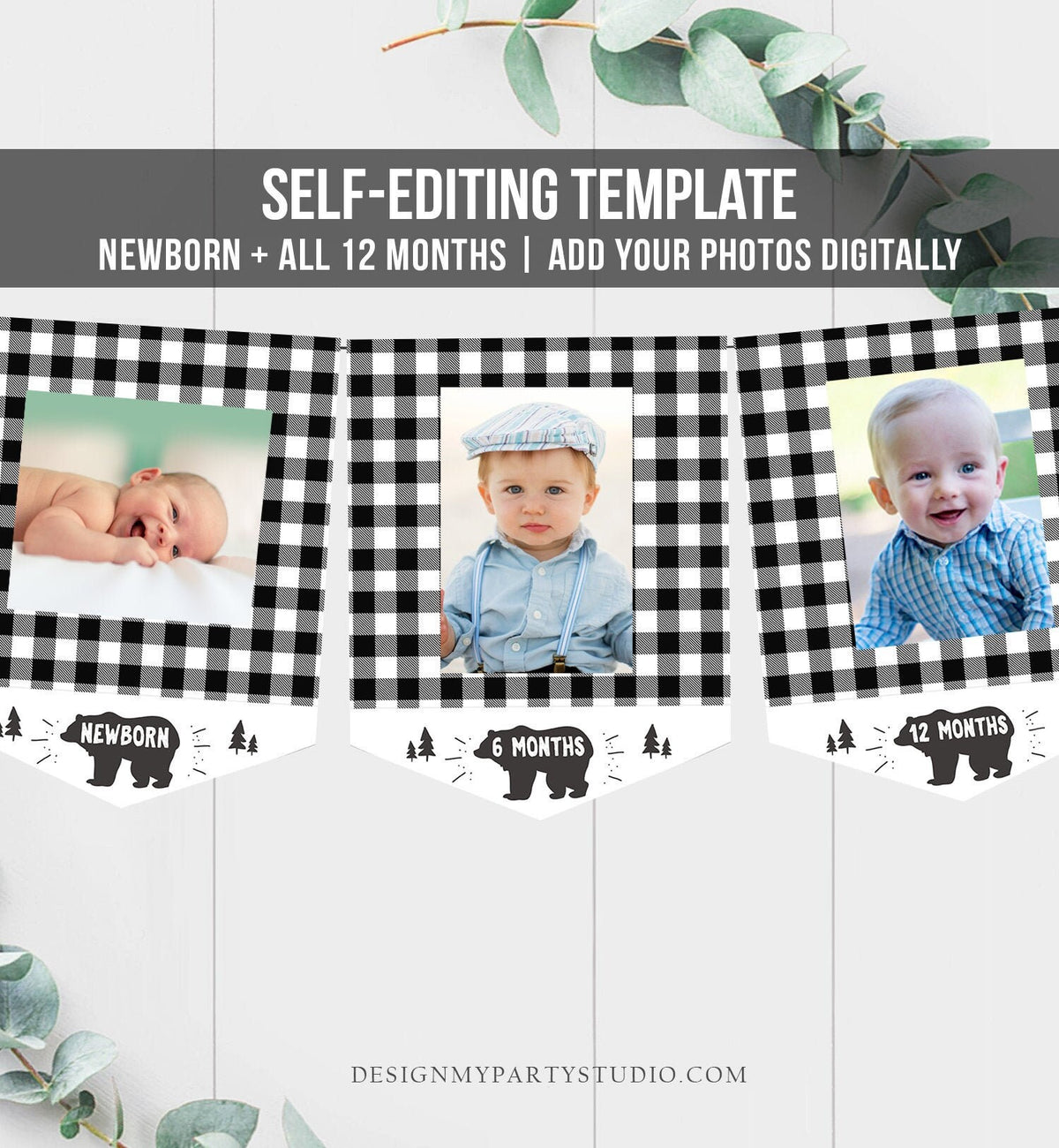 Editable Lumberjack First Birthday Banner Monthly Photo Banner Bear Buffalo Plaid Black White Digital Download Corjl Template Printable 0026