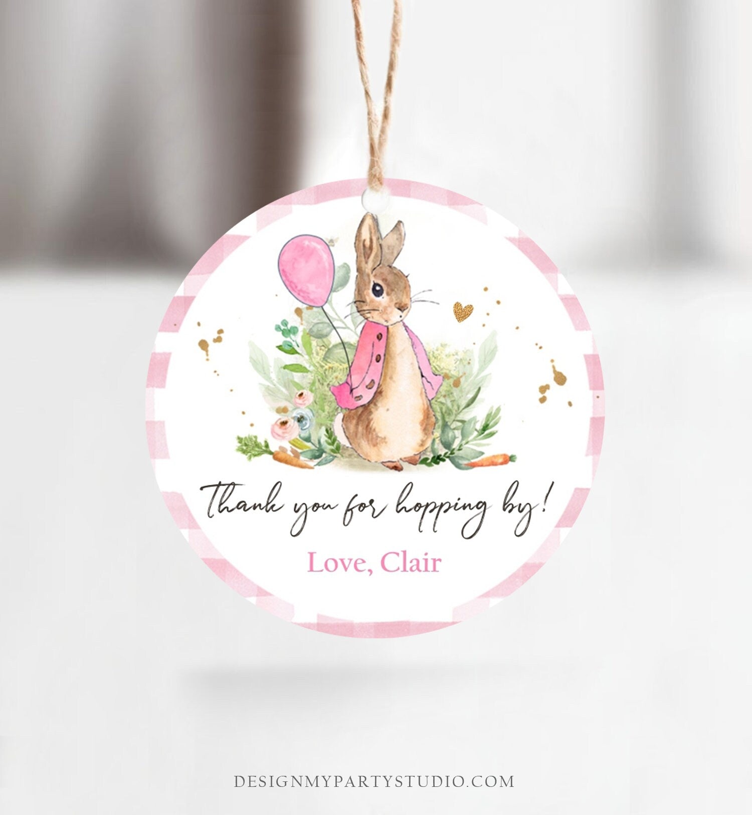 Editable Flopsy Rabbit Favor Tags Bunny Thank You Round Girl Pink Birthday Labels Thanks Hopping By Printable Download Corjl Template 0351