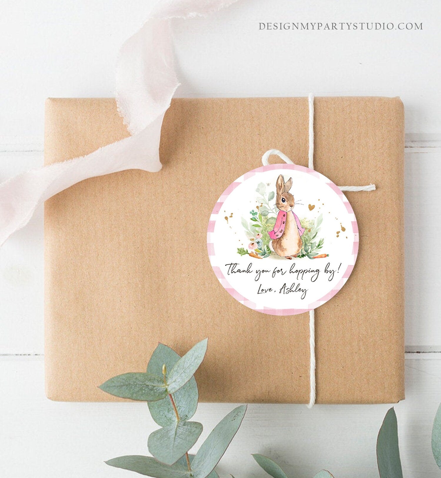 Editable Flopsy Rabbit Favor Tags Bunny Thank You Round Pink Girl Baby Shower Label Thanks Hopping By Printable Download Corjl Template 0351