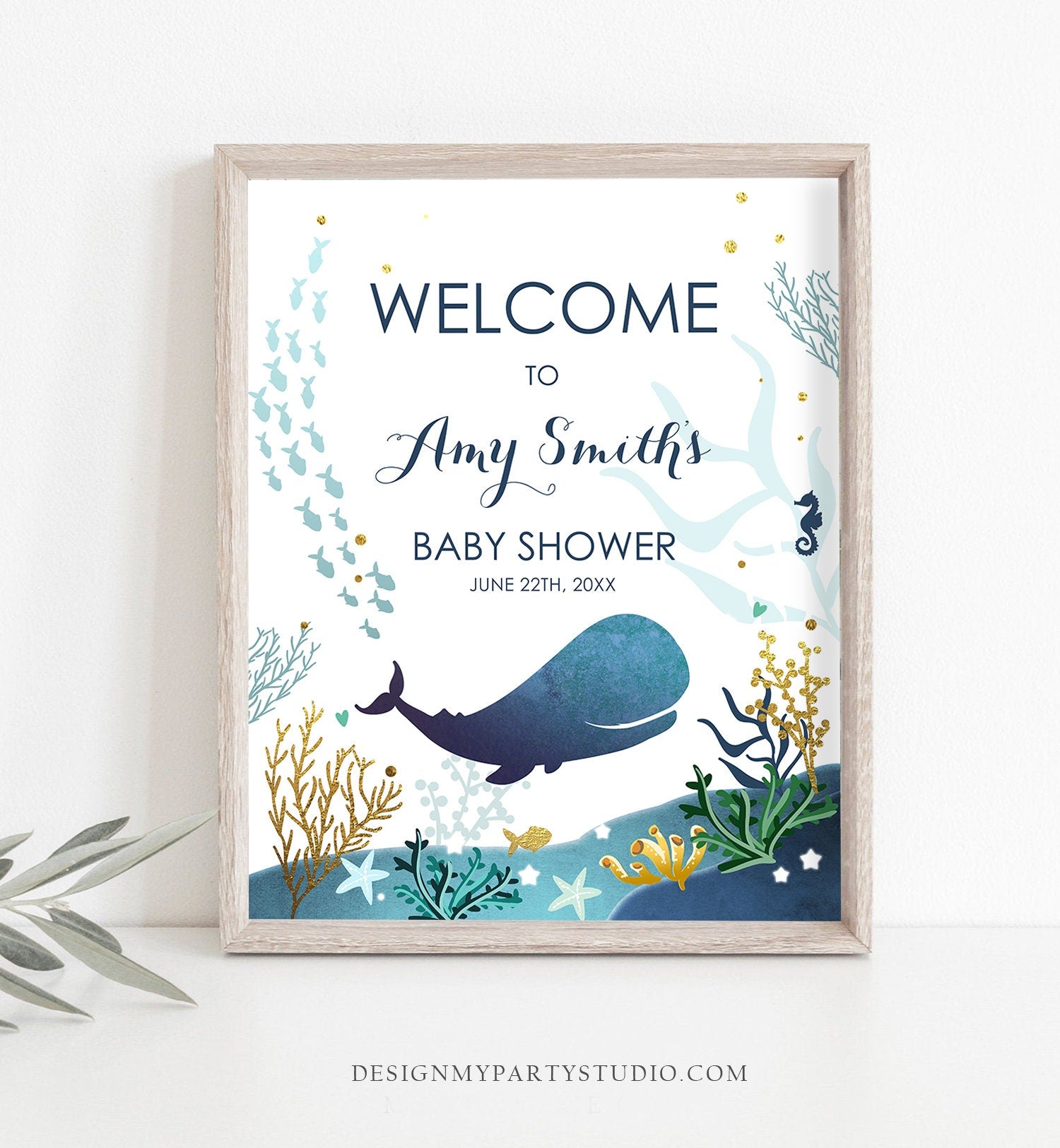 Editable Whale Welcome Sign Baby Shower Birthday Party Nautical Ocean It's a Boy Blue Whale Under the Sea Corjl Template Printable 0118