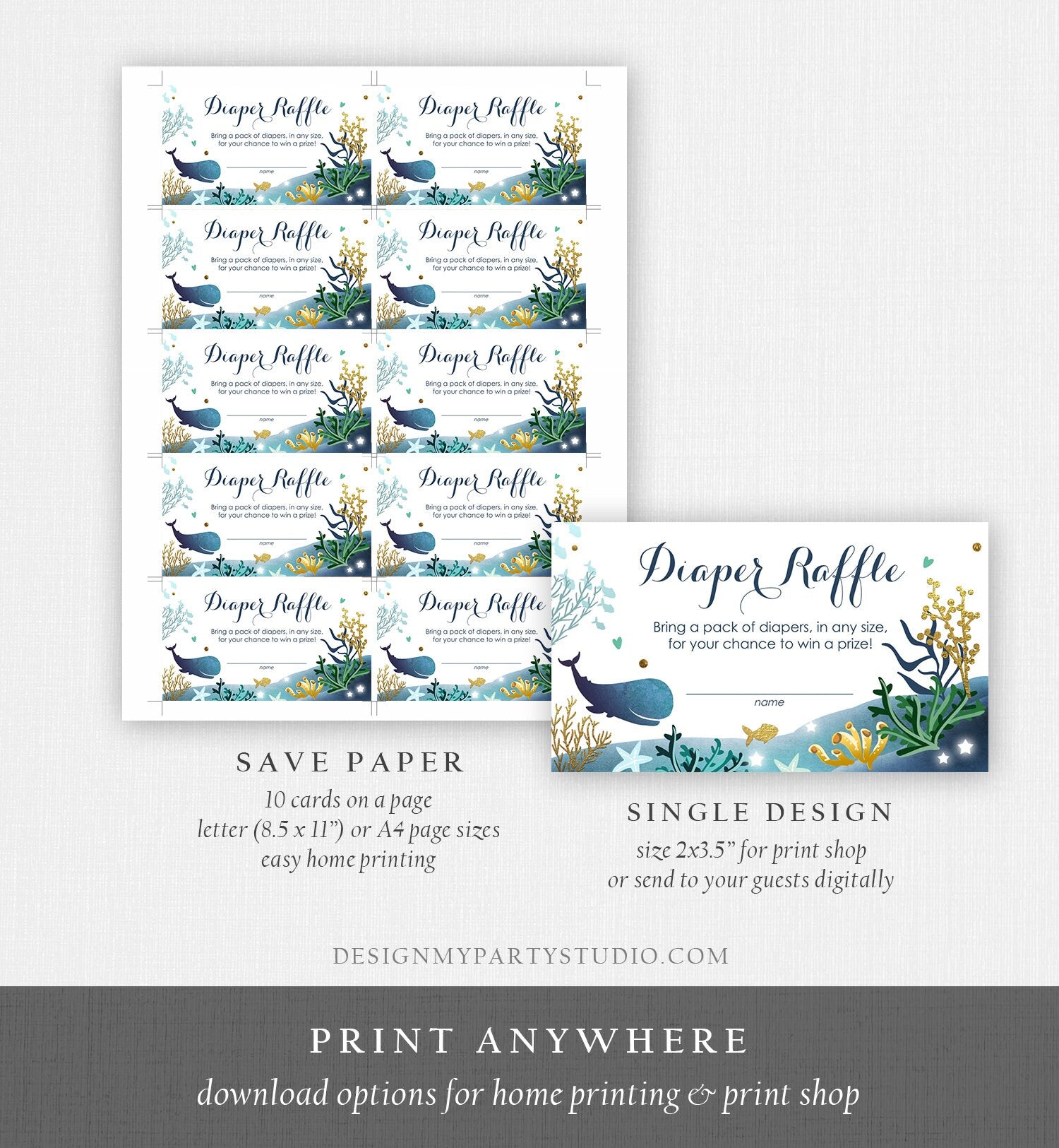 Editable Whale Baby Shower Diaper Raffle Card Nautical Ocean Under the Sea Boy Blue Whale Coral Ticket Corjl Template Printable 0118