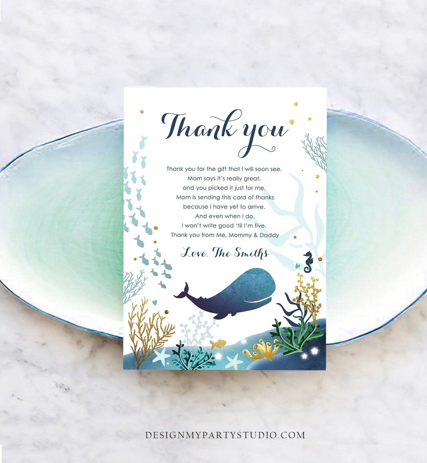 Editable Whale Baby Shower Thank You Card Note Nautical Blue Whale Boy Ocean Under the Sea Coral Template Instant Download Corjl 0118