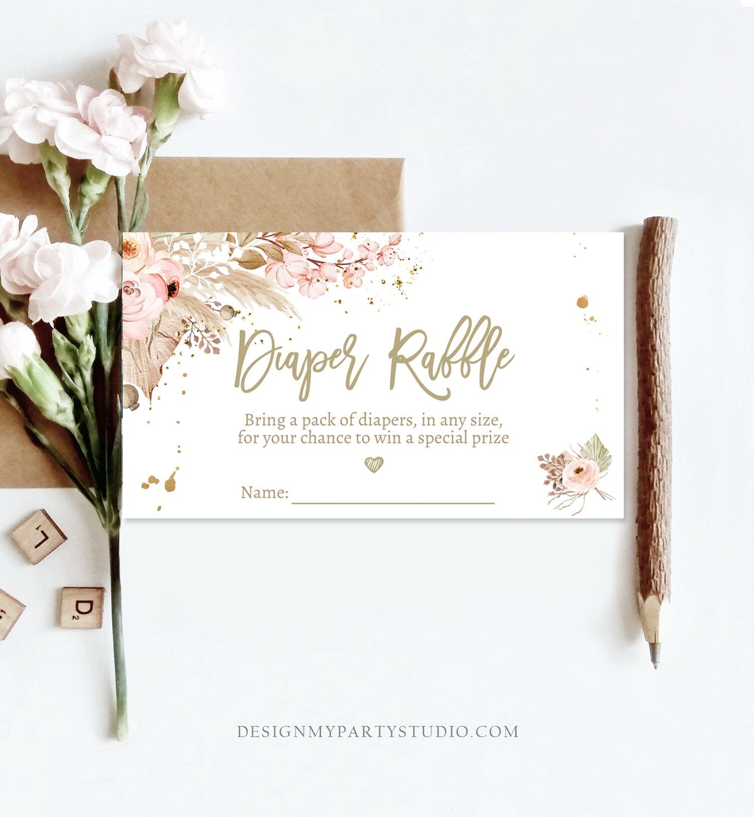 Editable Pampas Grass Diaper Raffle Ticket Grass Baby Shower Registry Card Diaper Game Bohemian Desert Boho Template PRINTABLE Corjl 0395