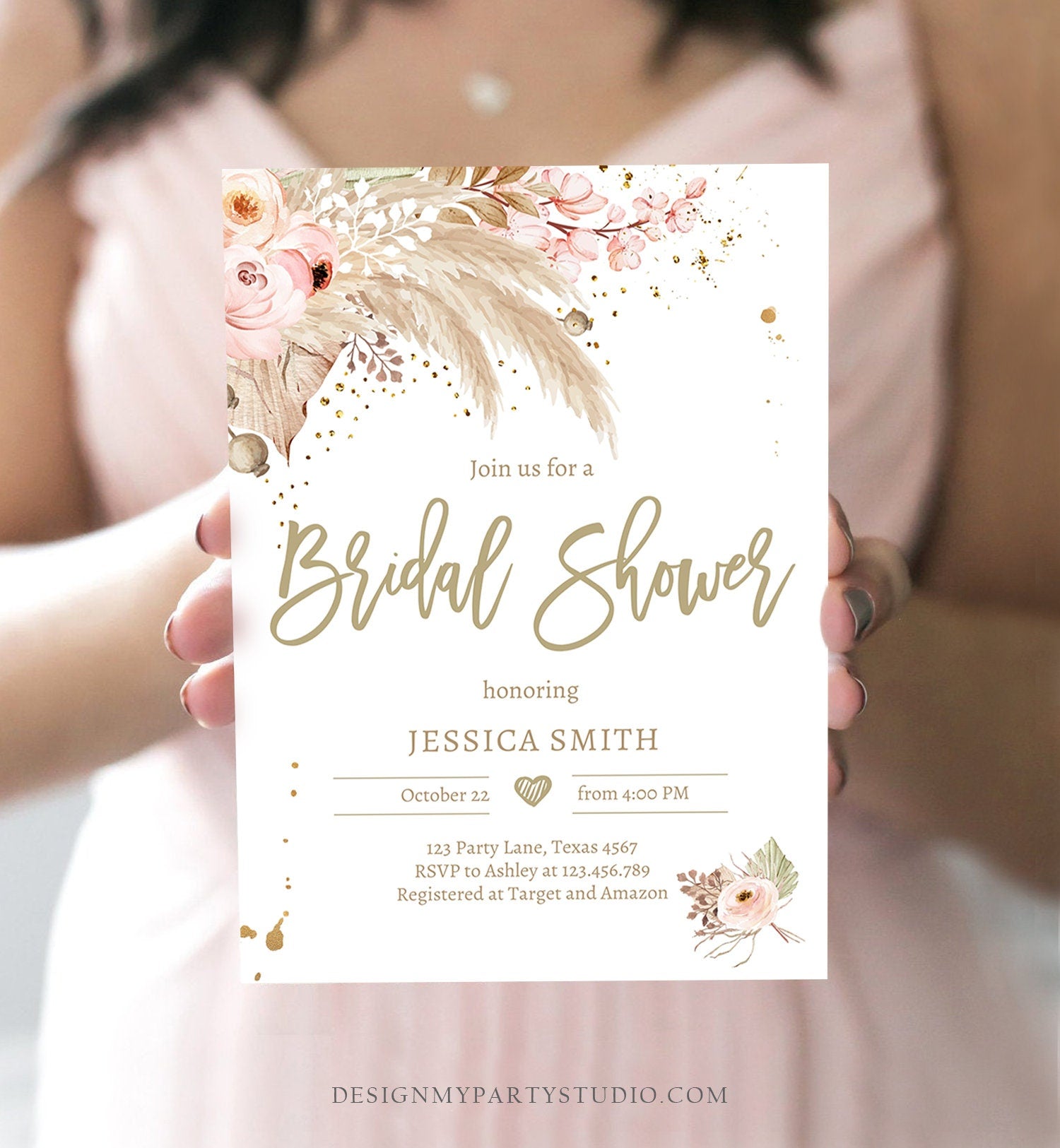 Editable Pampas Grass Bridal Shower Invitation Desert Boho Bridal Shower Tropical Bohemian Dried Palm Leaf Printable Template Corjl 0395