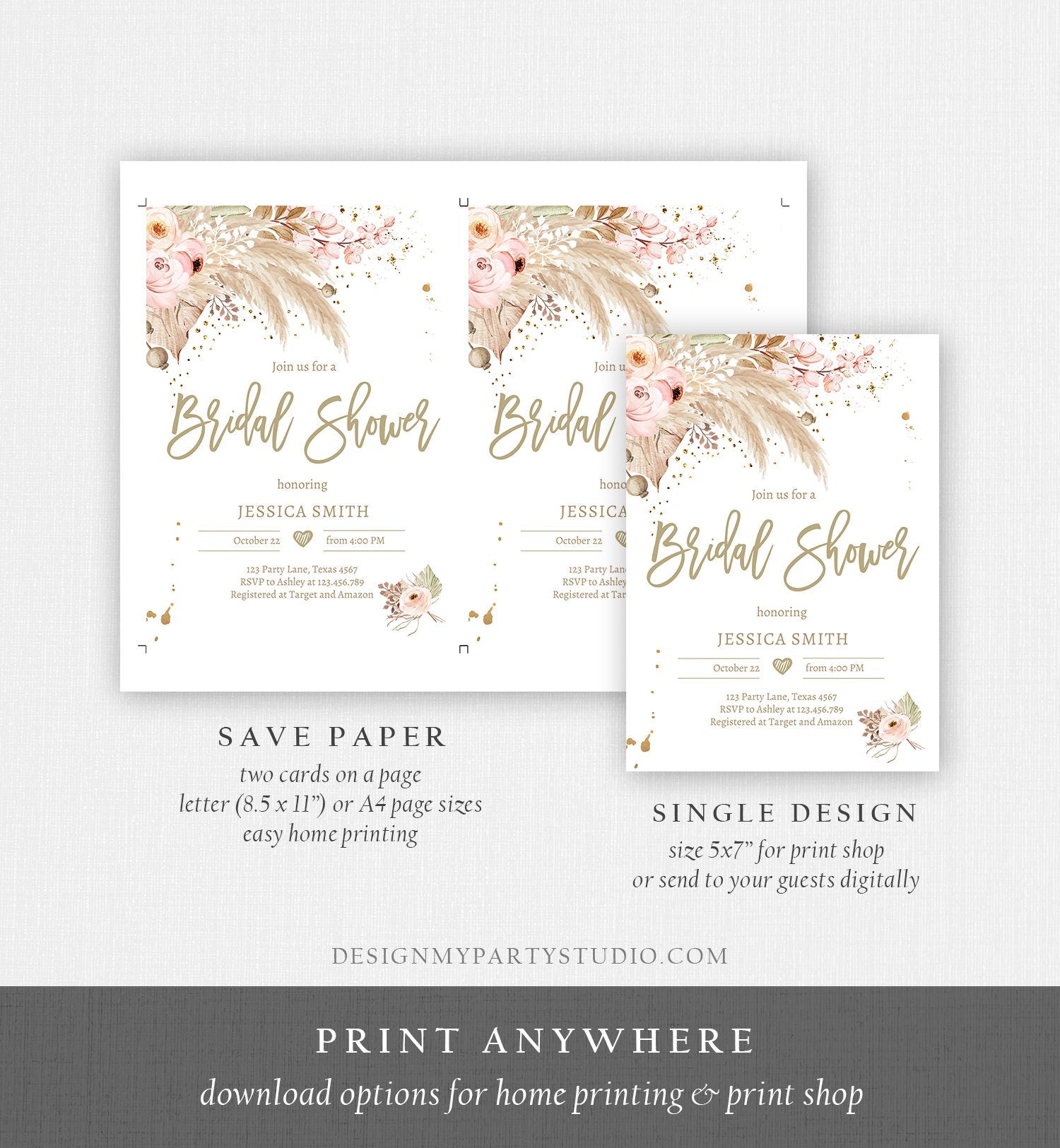 Editable Pampas Grass Bridal Shower Invitation Desert Boho Bridal Shower Tropical Bohemian Dried Palm Leaf Printable Template Corjl 0395