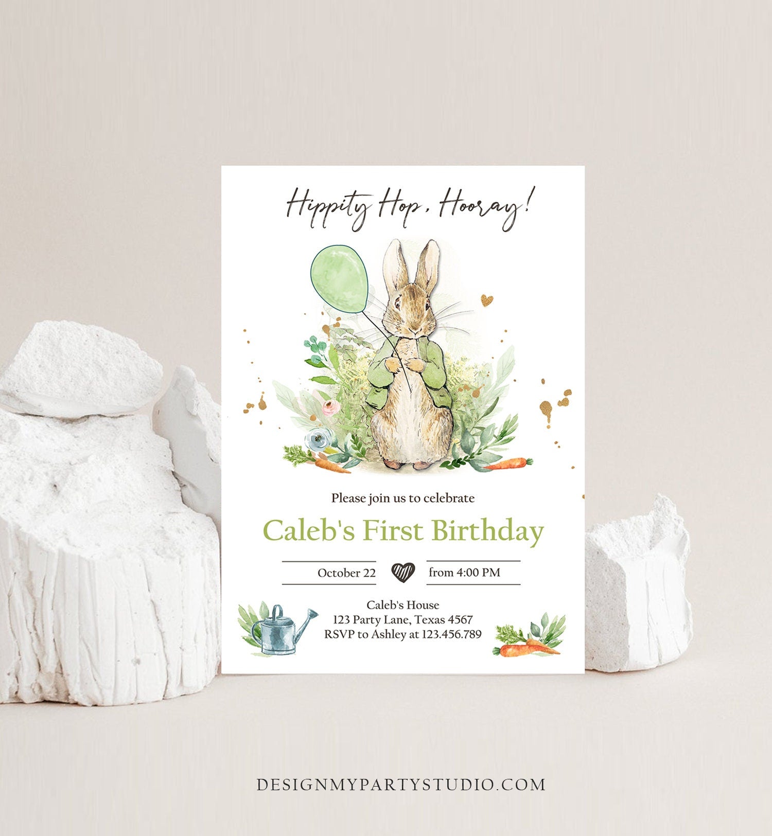 Editable Peter Rabbit Birthday Invitation Gender Neutral Peter Rabbit Birthday Invite Watercolor Digital Corjl Template Printable 0351