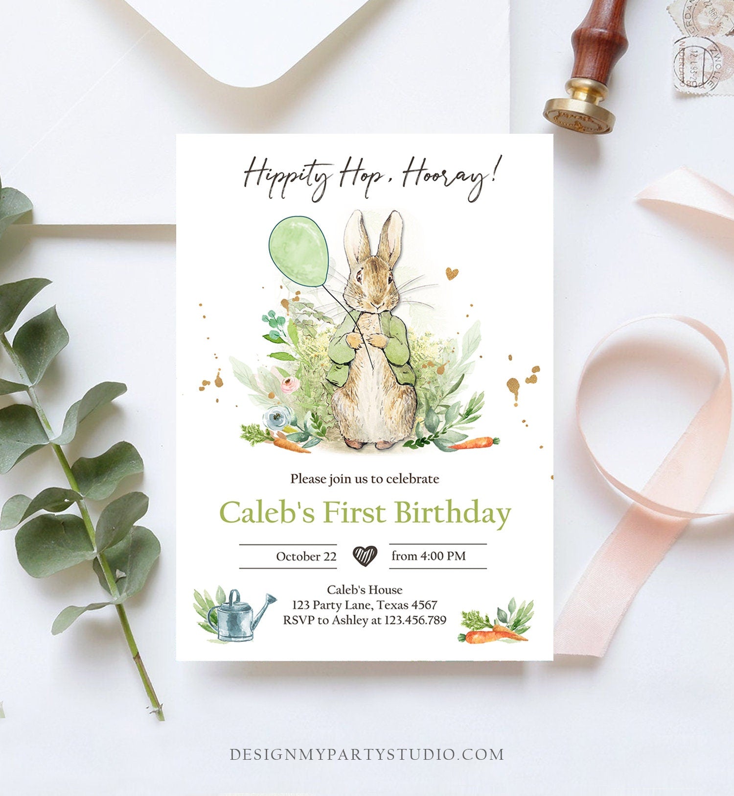 Editable Peter Rabbit Birthday Invitation Gender Neutral Peter Rabbit Birthday Invite Watercolor Digital Corjl Template Printable 0351