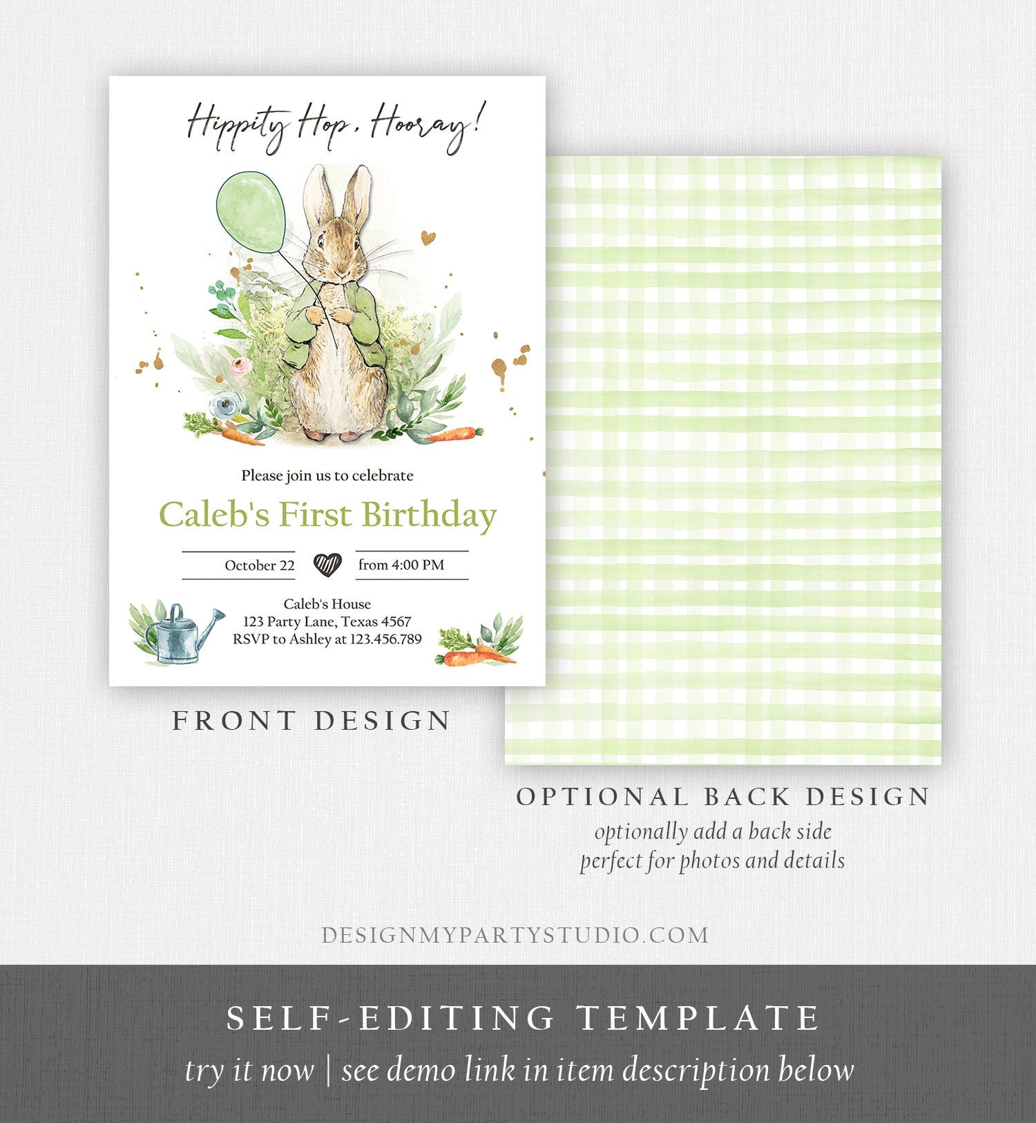 Editable Peter Rabbit Birthday Invitation Gender Neutral Peter Rabbit Birthday Invite Watercolor Digital Corjl Template Printable 0351